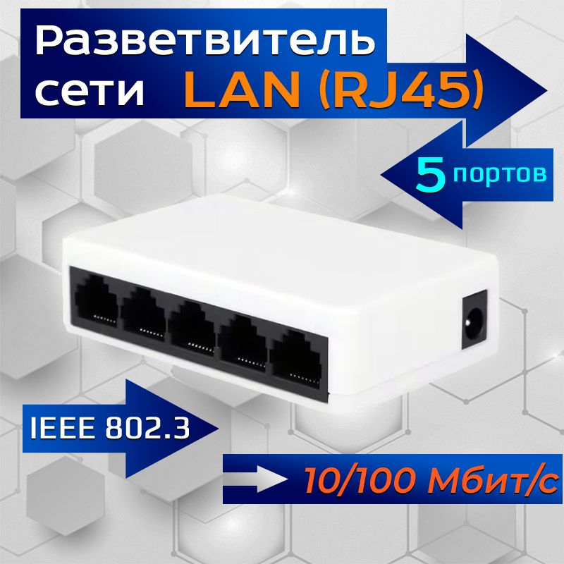 Сетевойхаб-коммутаторLAN-разветвительRJ45на5портов10/100Мбит/с