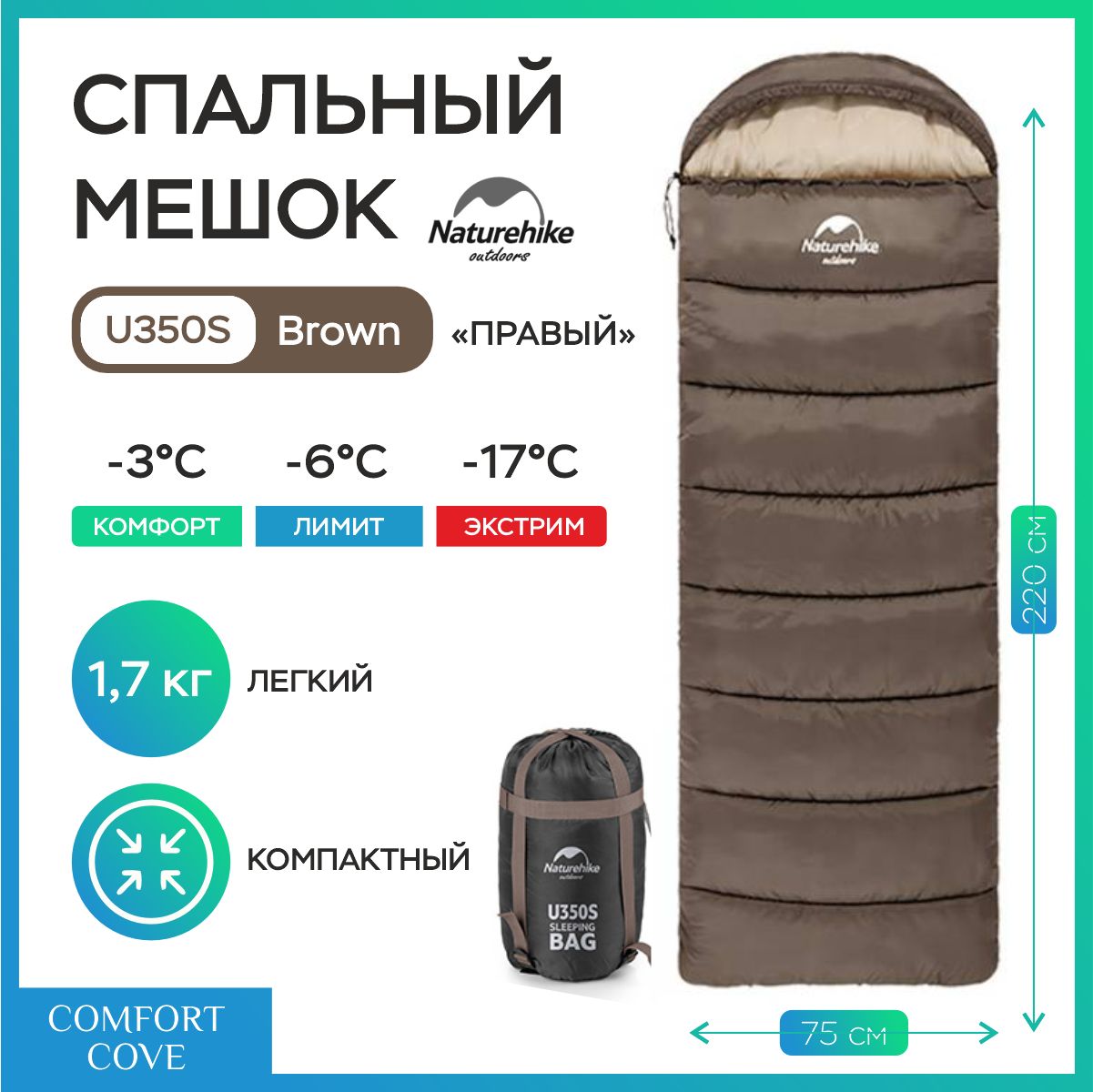 СпальныймешокNaturehikeu350S,до-17С,190+30см,коричневый,правыйспальник,модельNH20MSD07,свозможностьюобъединитьдваспальникаводиндвухместный