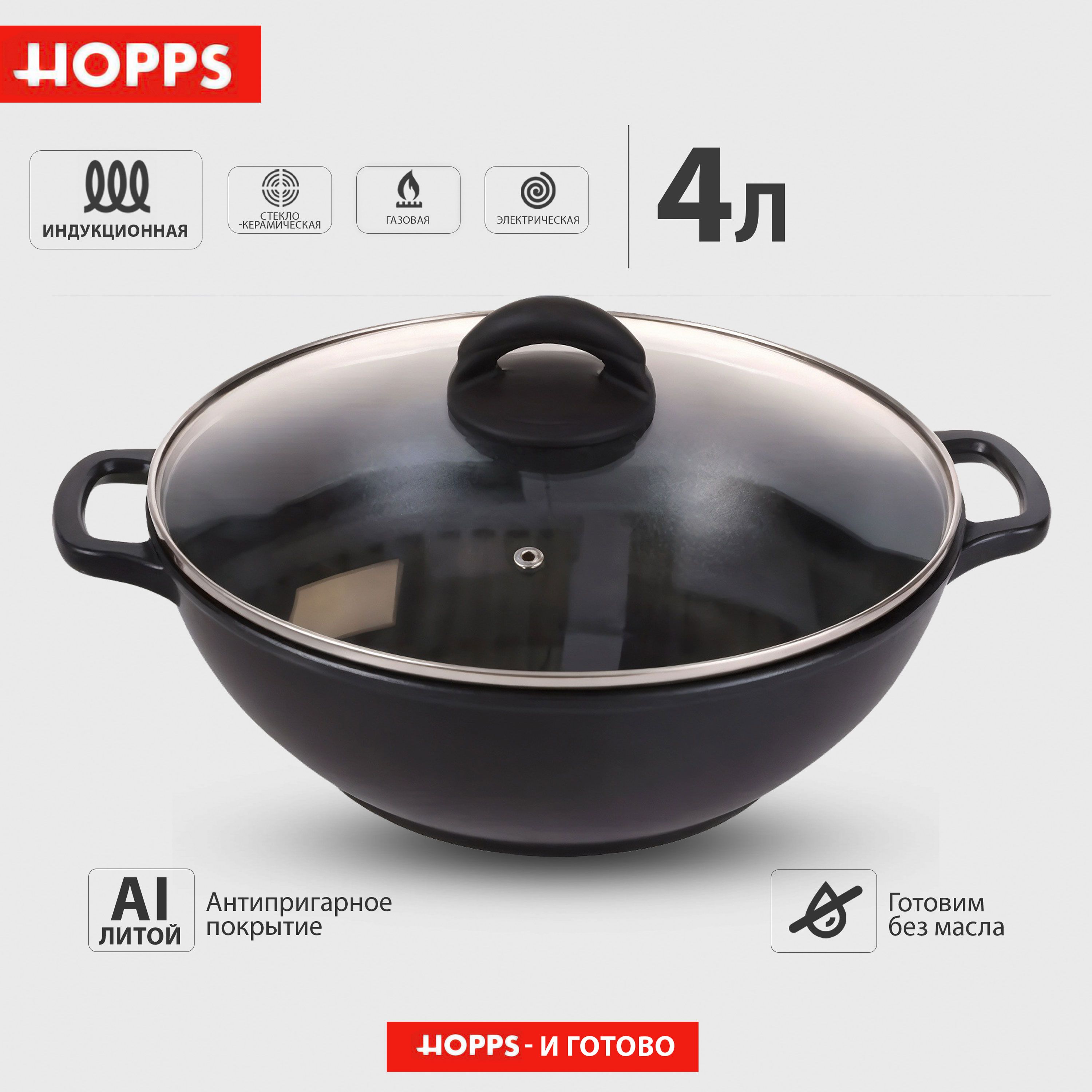 Казан литой HOPPS Flame с антипригарным покрытием и крышкой, индукция, 4л, Арт. HKn284NID / Глубокая сковорода, котел купить на OZON по низкой цене (1361612753)