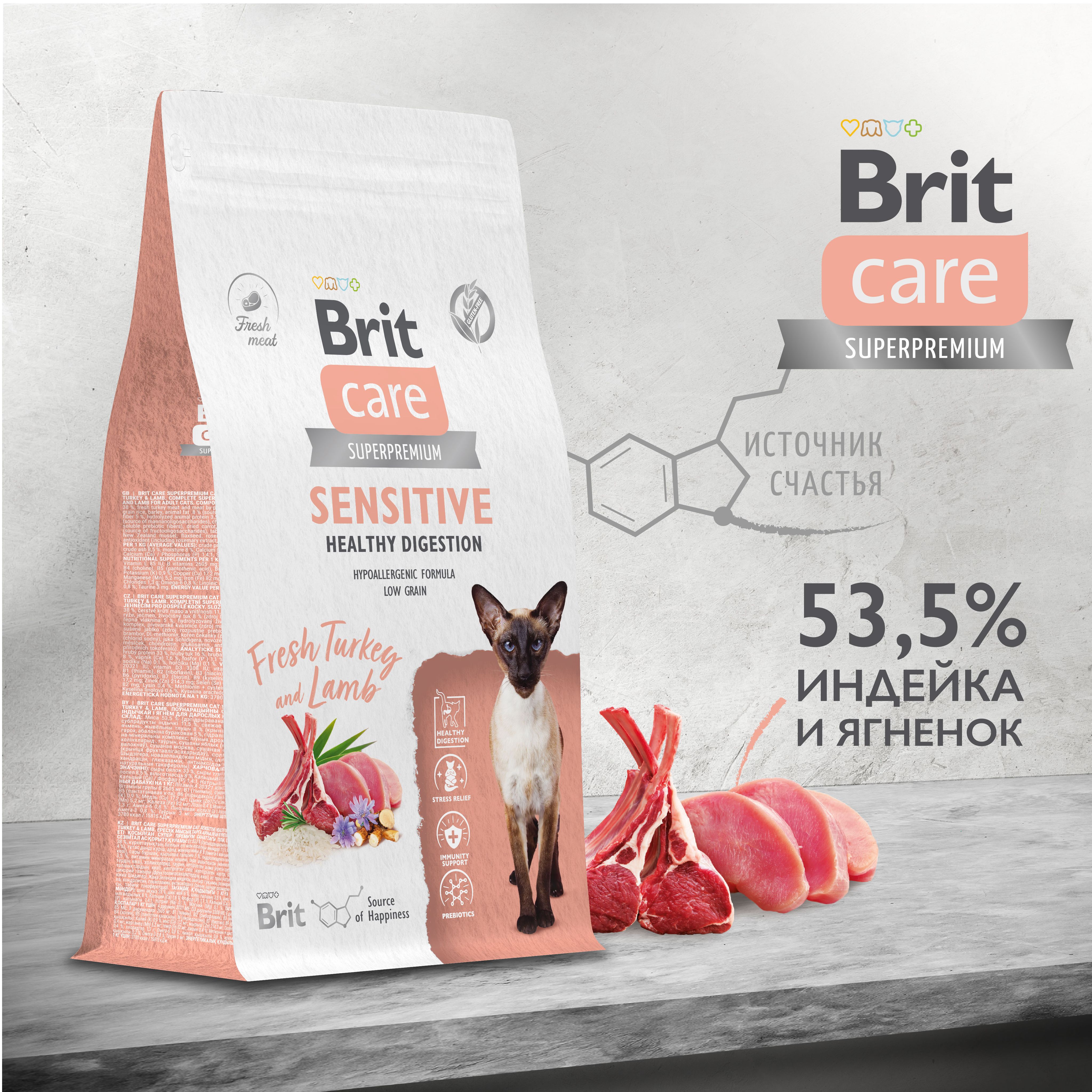 BRITCAREСухойкормсиндейкойиягнёнкомдлявзрослыхкошекCatSensitiveHealthyDigestion,1.5кг