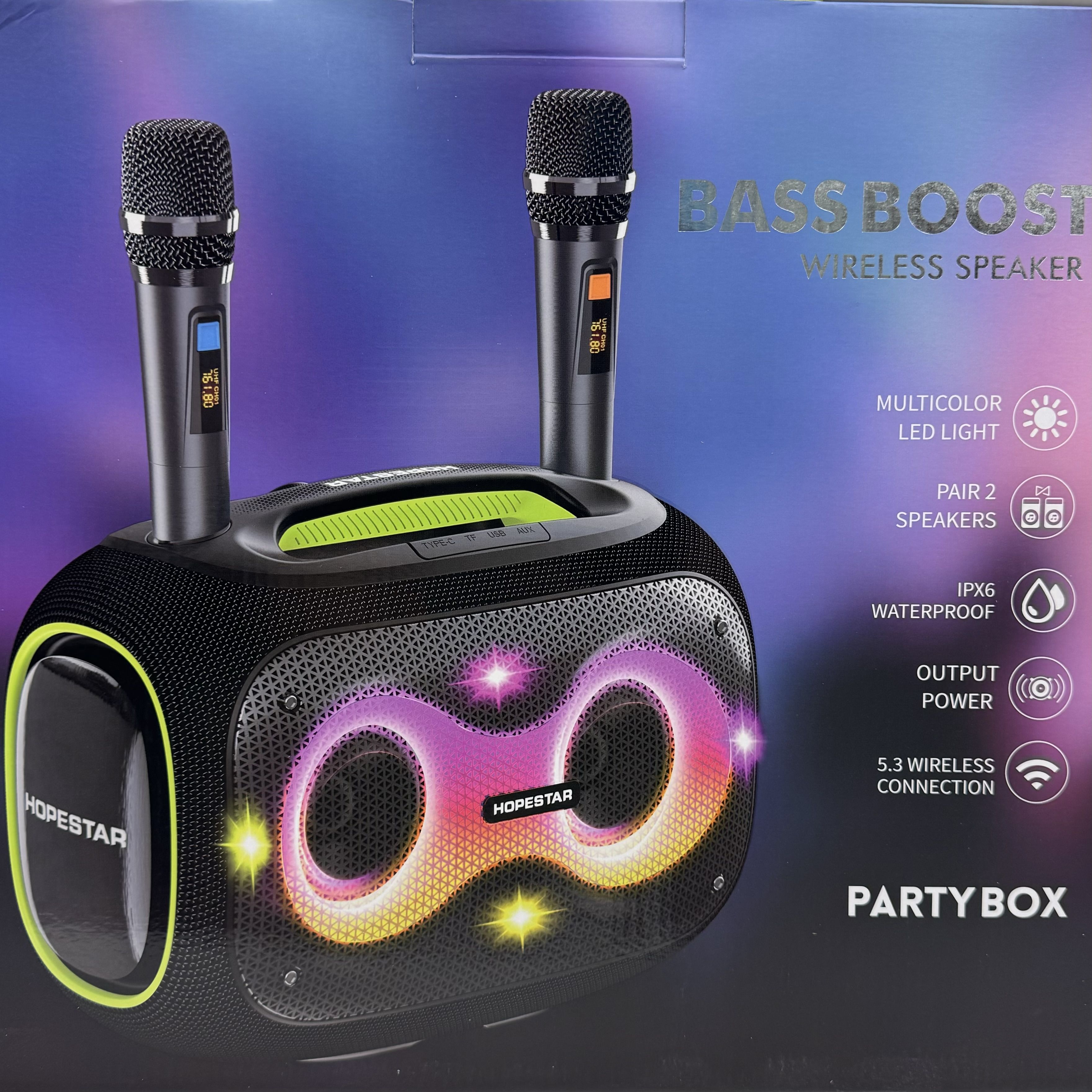 HopestarPartyBoxПортативнаяБеспроводная"Bluetooth"колонка+2микрофона