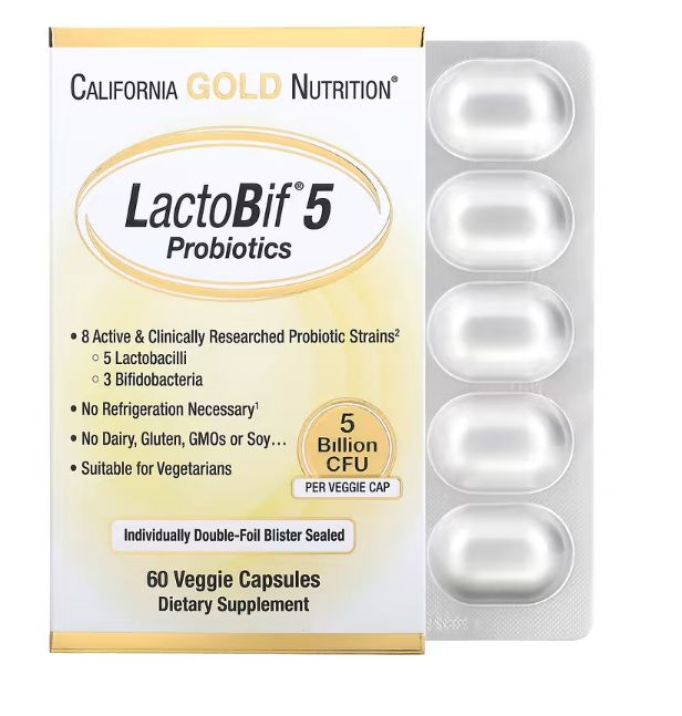 CaliforniaGoldNutrition,LactoBif5,пробиотики,5млрдКОЕ,60вегетарианскихкапсул