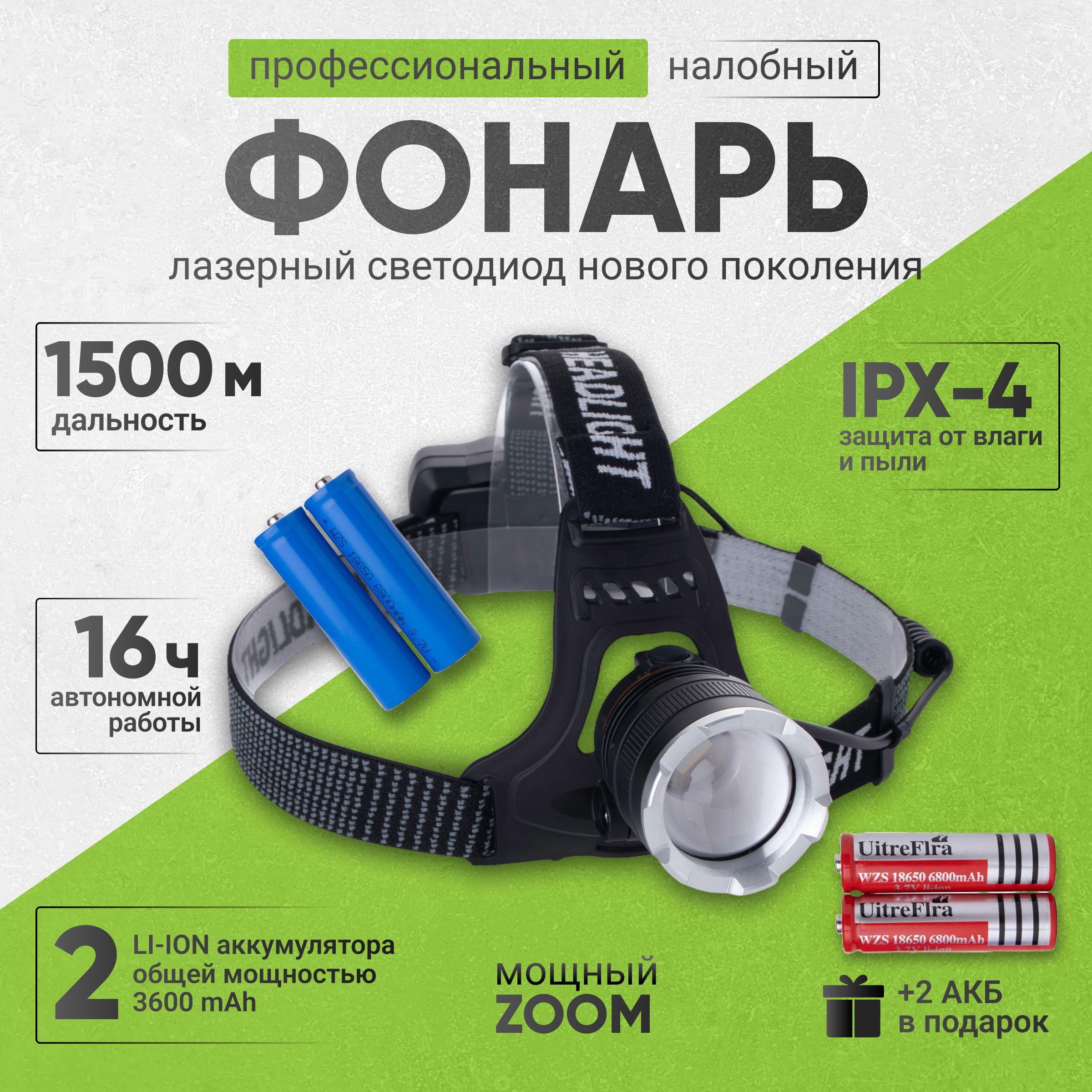 ФонарьналобныйаккумуляторныйUSBType-C,светодиодPM10TG,АКБ18650на3600mAh(общаяемкость),дальностьдо1500м