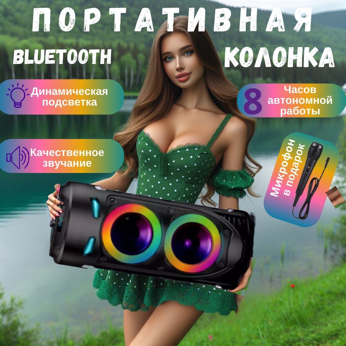 КолонкапортативнаяBluetoothскараоке/Колонкабеспроводнаямультимедийнаясблютуз,микрофономиподсветкой4239