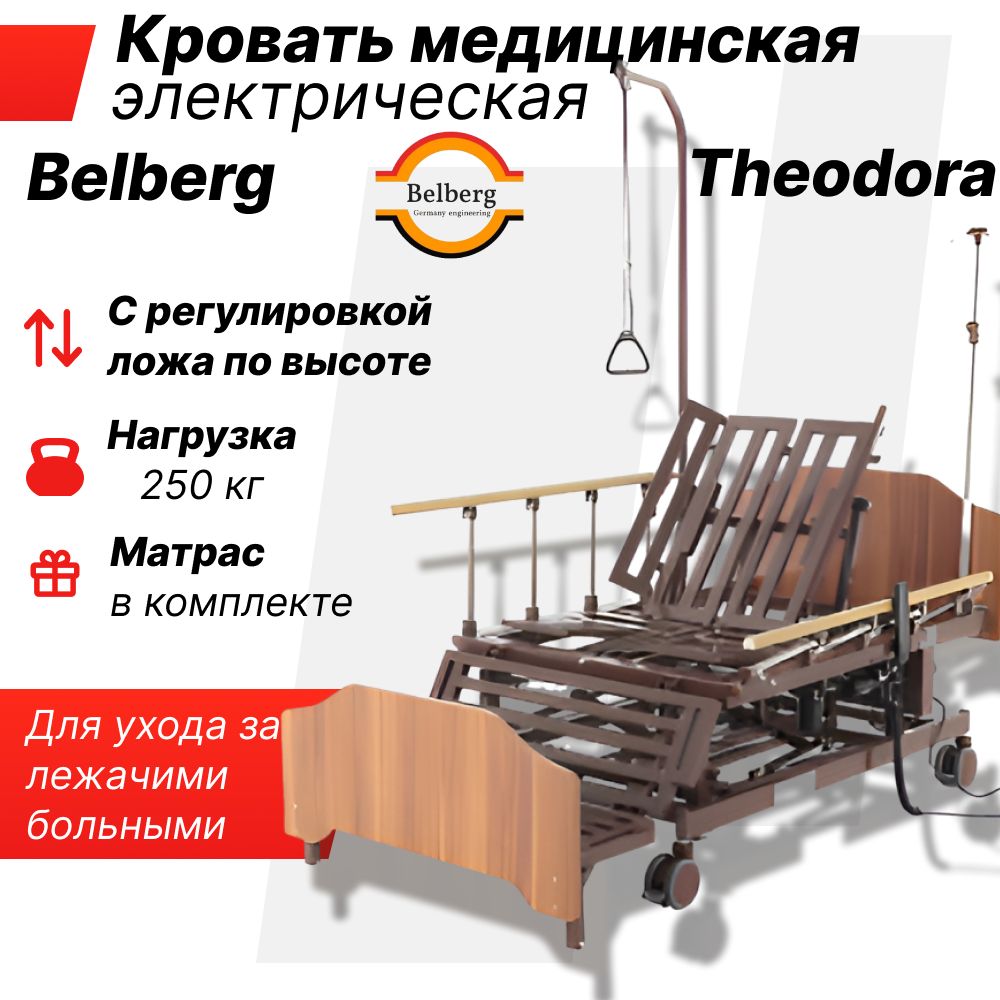 Кровать для лежачих больных электрическая Belberg Theodora / медицинская, функциональная / с матрасом, кардиокреслом и туалетом