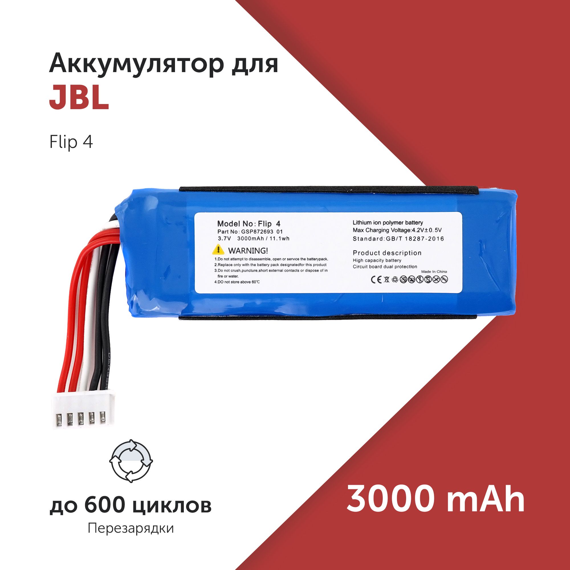 Аккумулятор GSP872693 01 для bluetooth колонок JBL Flip 4 3.7V 3000mAh