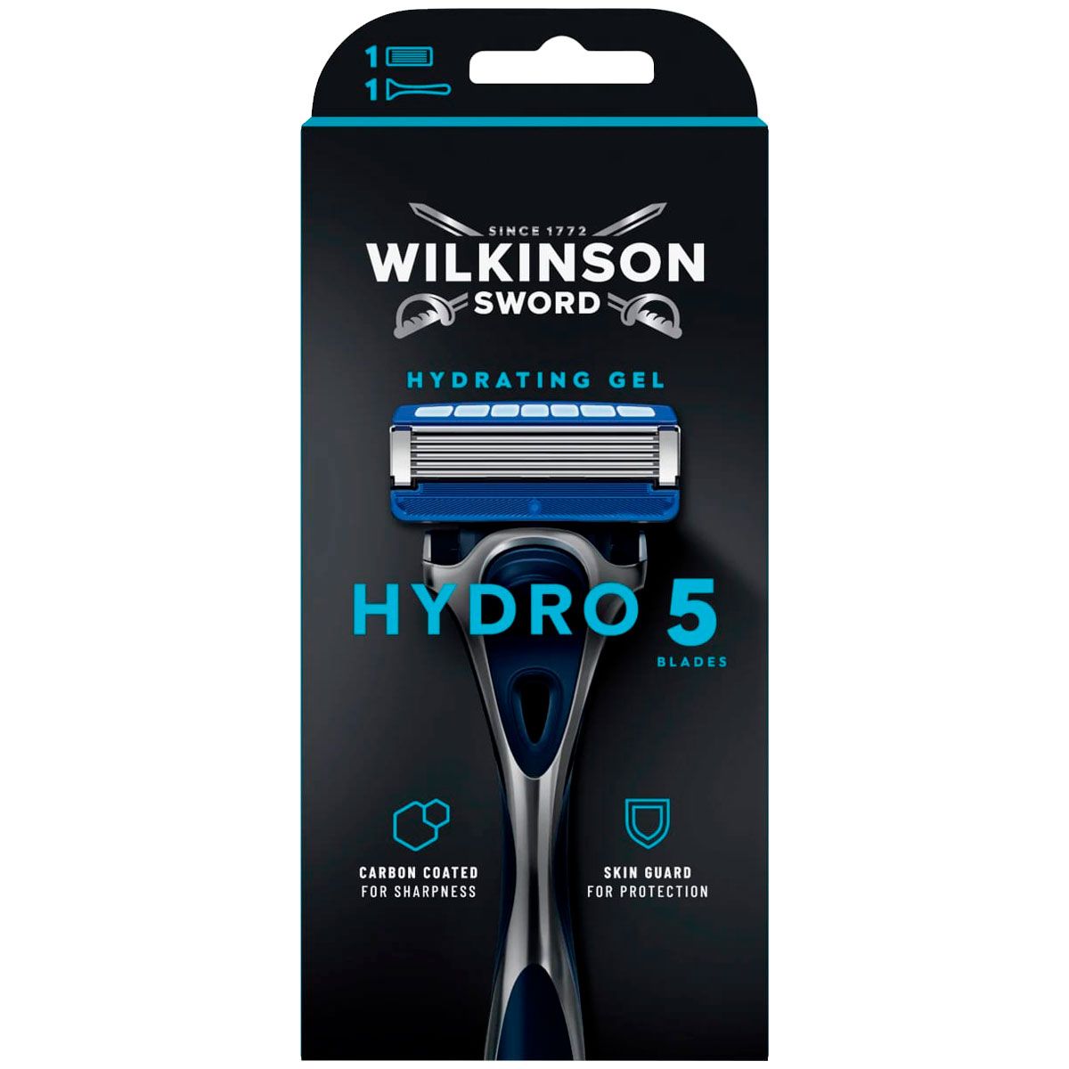 Wilkinson Sword Бритва HYDRO5 (1 станок, 1 кассета), 5 лезвий, механизм "флип-триммер", плав.головка, гелевая увл.полоска, металлич.прорезиненная ручка