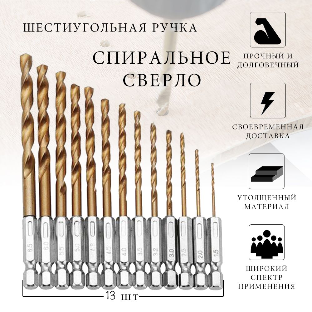 13 шт 1.5-6.5 мм титановое напыление Набор сверл по металлу