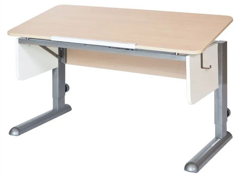 Школьная парта растущая с цельной столешницей Моно-2 (столешница береза, боковины белые, ножки серые)