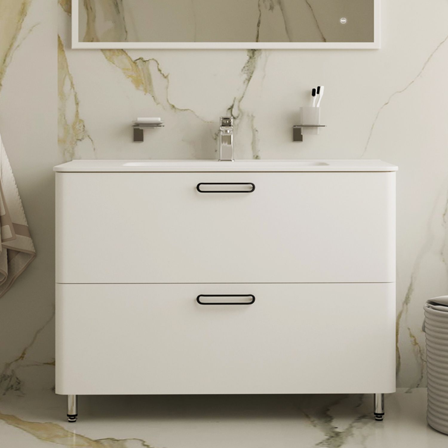 Фото товара на маркетплейсе ozon Тумба для ванной, напольная, с раковиной, белая, 100 см, IDDIS, Brick, BRI10WFi95K