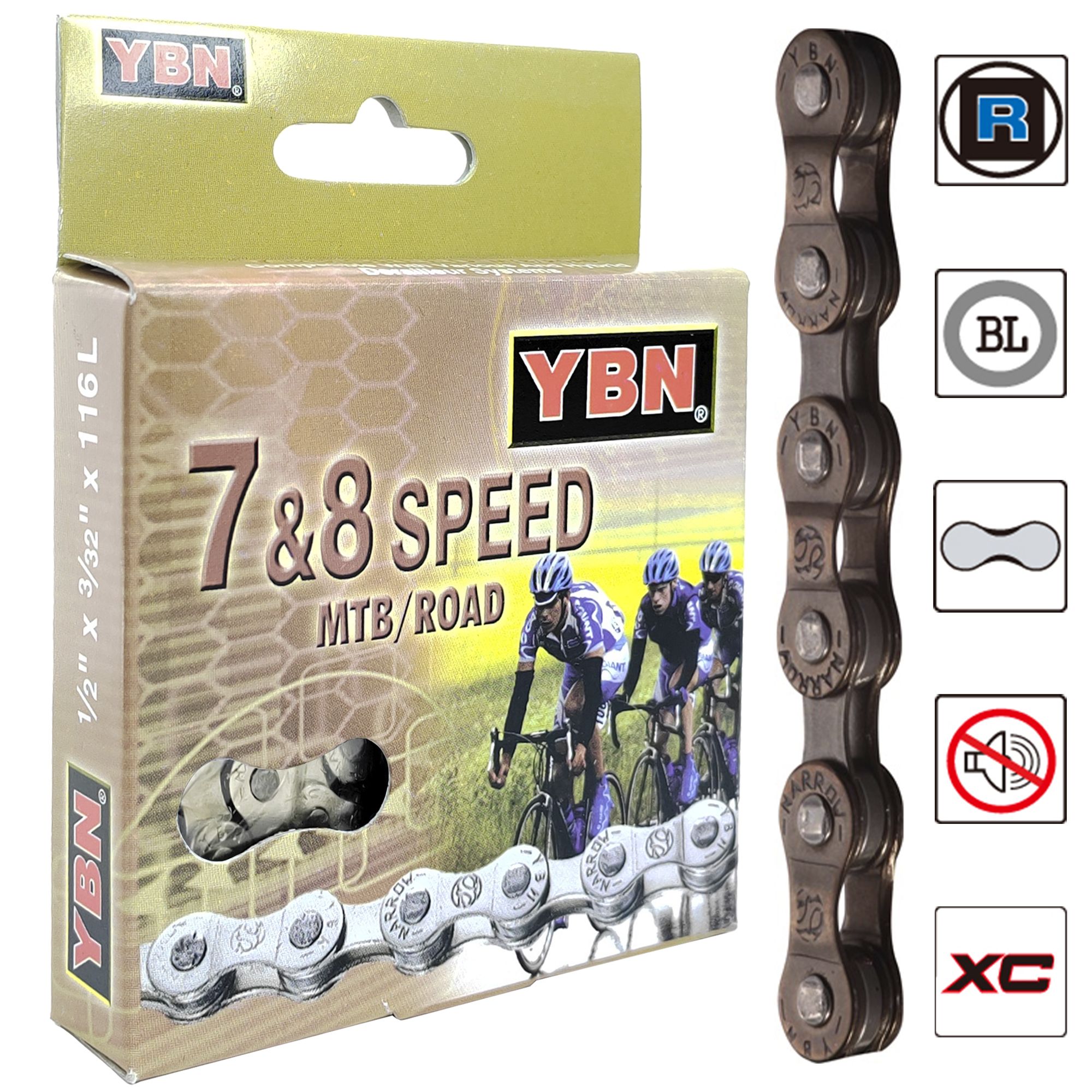 Велосипедная цепь YBN S52, 1/2"x3/32", 116 звеньев, 7/8 скоростей, соединение пин