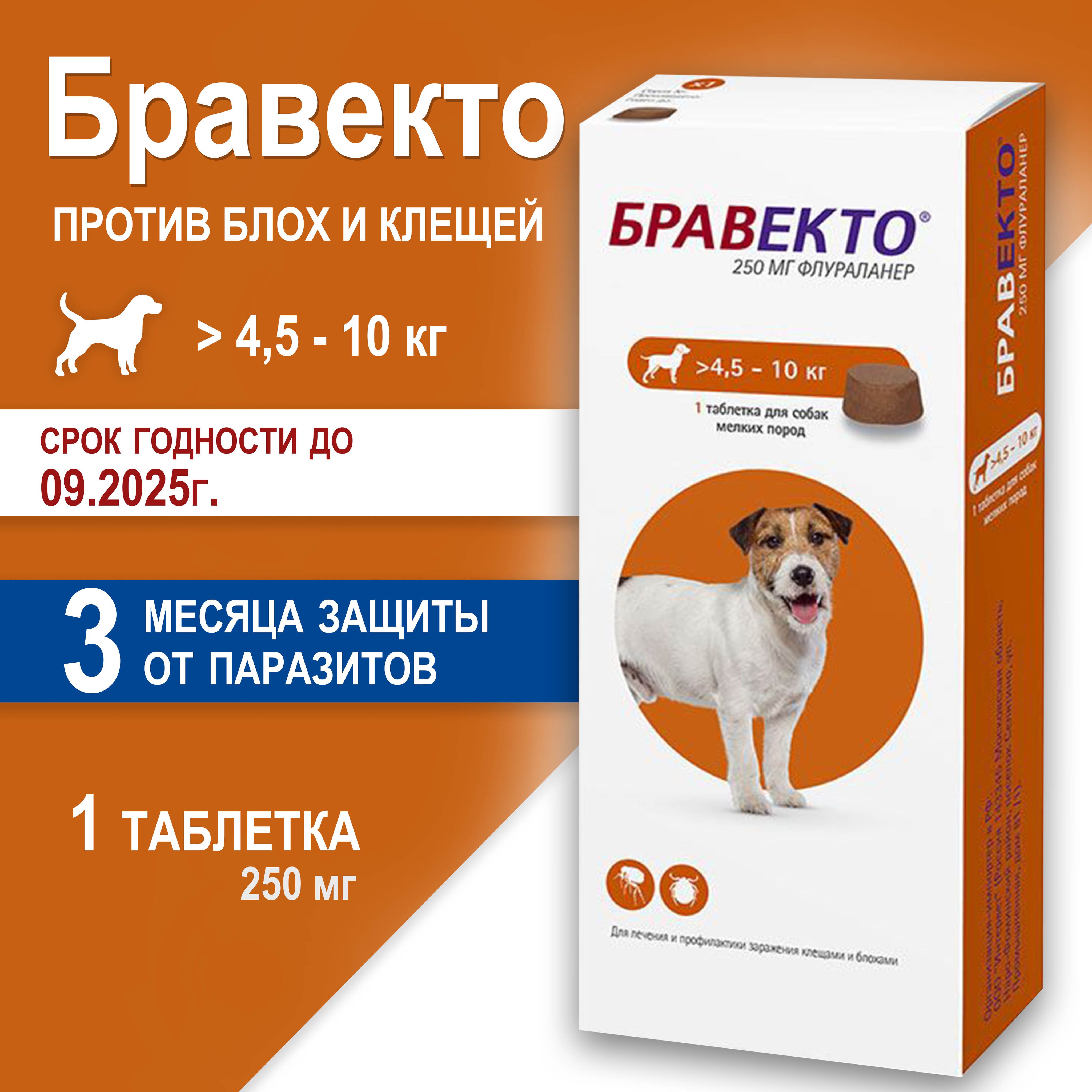 Бравекто таблетка для собак жевательная против блох и клещей 250 мг, весом 4.5-10 кг, 1 ТАБЛЕТКА