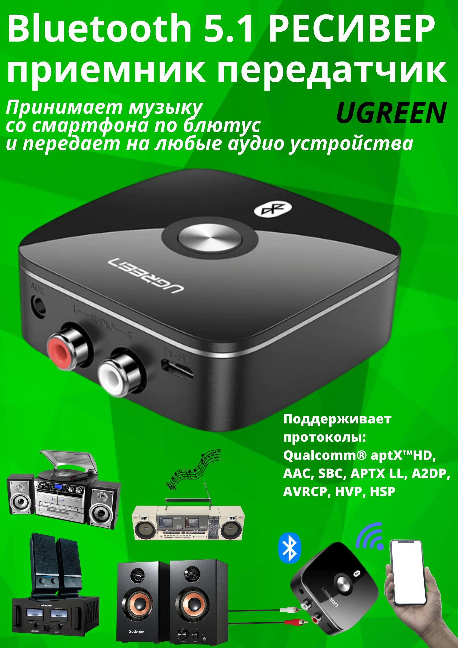 Bluetooth ресивер Ugreen с поддержкой aptXHD, Bluetooth 5.1, RCA, AUX