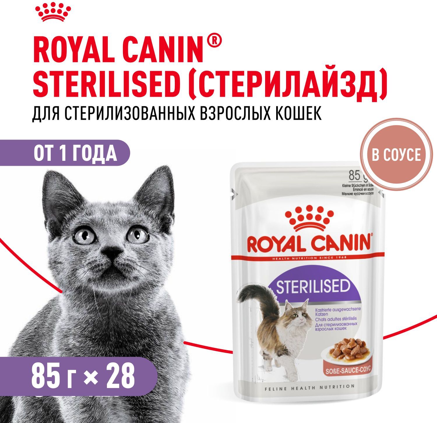 Влажный корм для стерилизованных кошек Royal Canin Sterilised в соусе 85 г х 28 шт