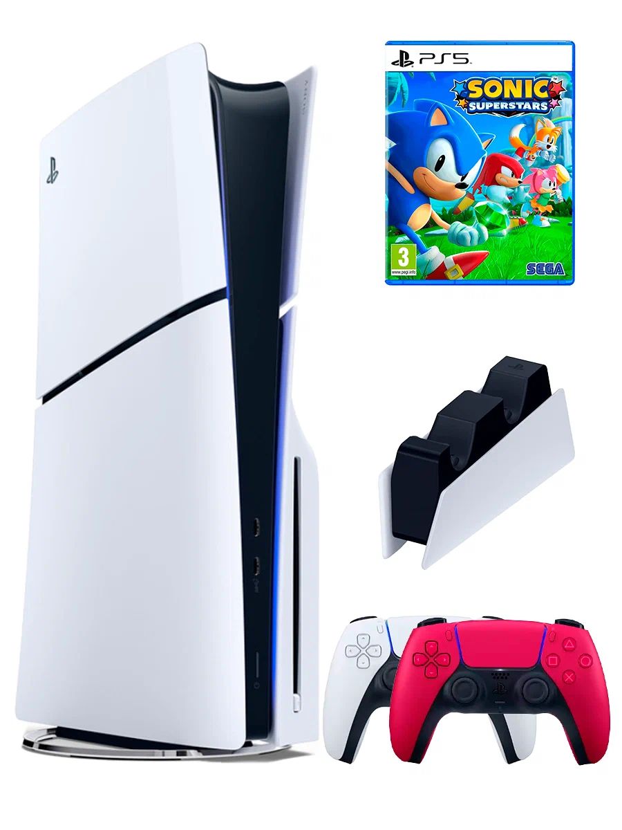 PS5 (ПС5) Игровая приставка Sony PlayStation 5 Slim +2-й геймпад(красный)+зарядное+игра Sonic, 1000ГБ