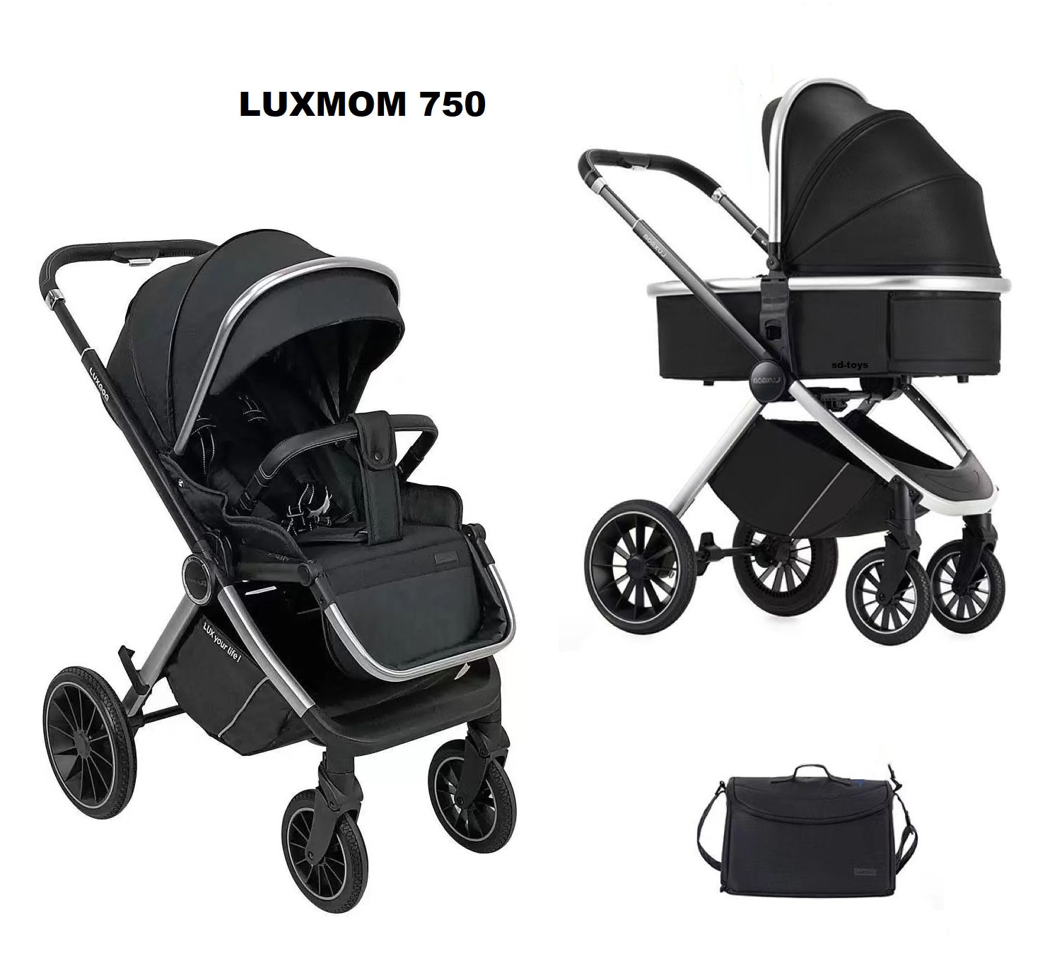 Детская модульная 2в1 коляска Luxmom 750, / выдвижная ручка /черный цвет