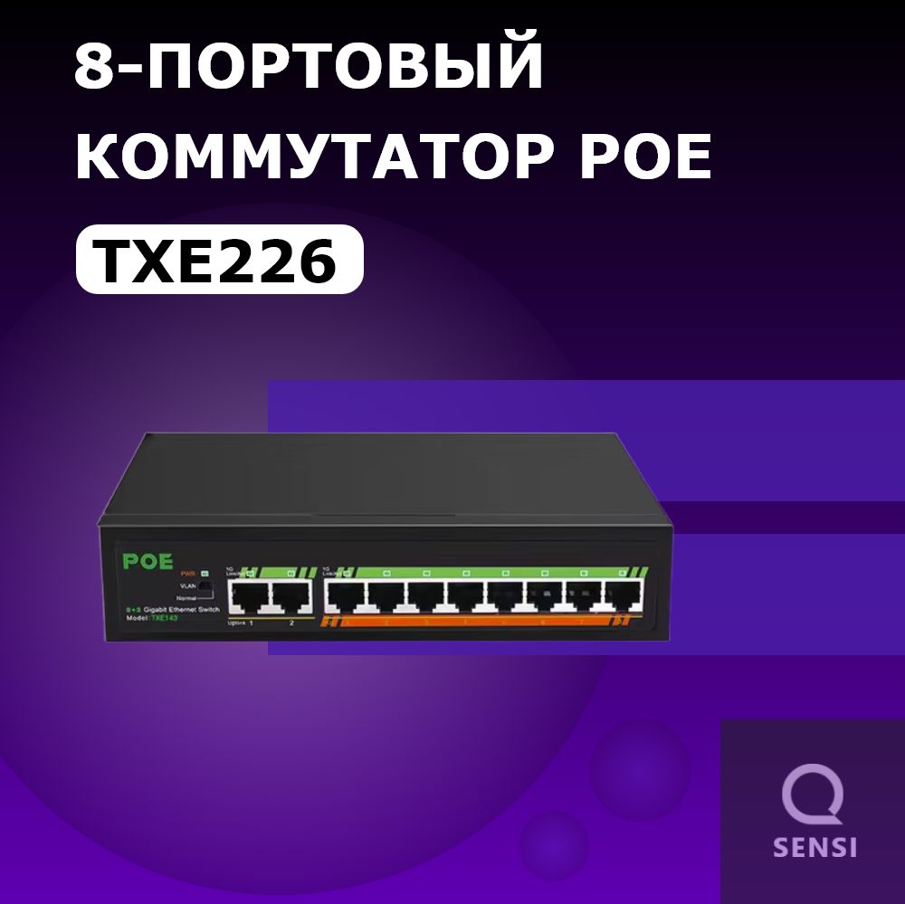 PoE Коммутатор TXE226, 10 портов: 8 Gigabit PoE + 2 RJ45(UpLink)