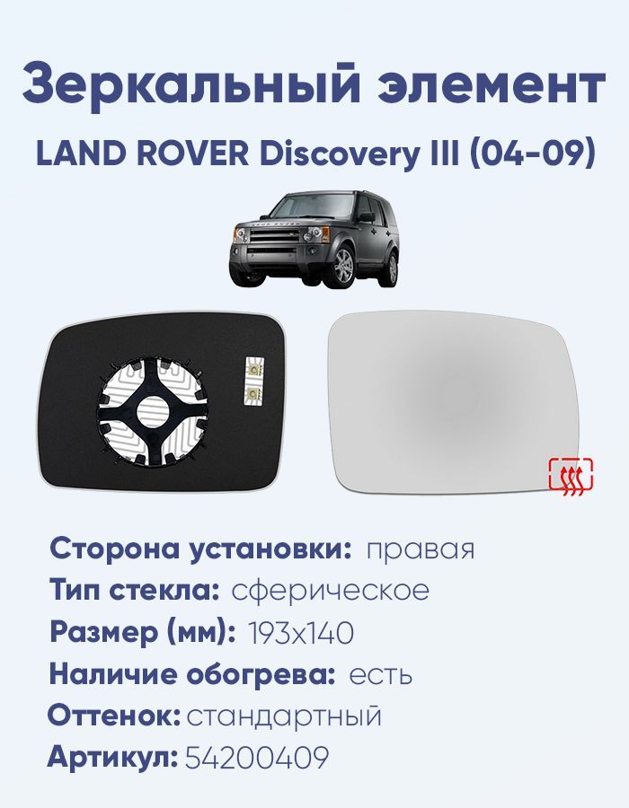 Зеркальный элемент правый LAND ROVER Discovery III (04-09) сфера нейтральный с обогревом