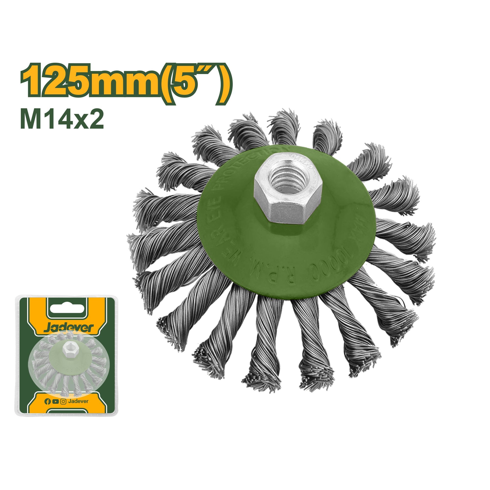 Корщетка тарелка с гайкой JADEVER (витая жесткая) 125 мм, M14x2