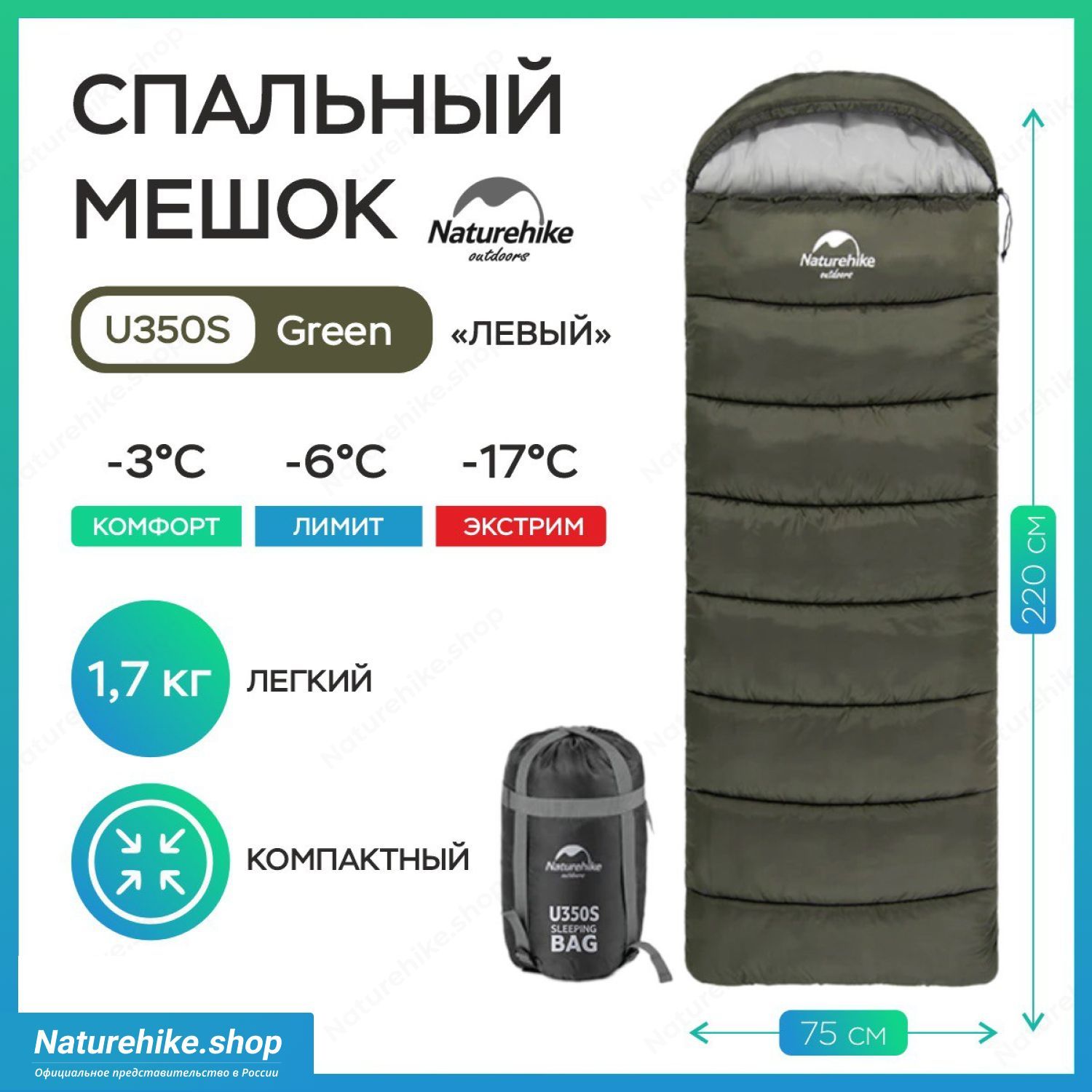 Спальный мешок Naturehike u350s / до -17C, вес 1.7 кг, зеленый, молния слева / превращается в двухместный спальник