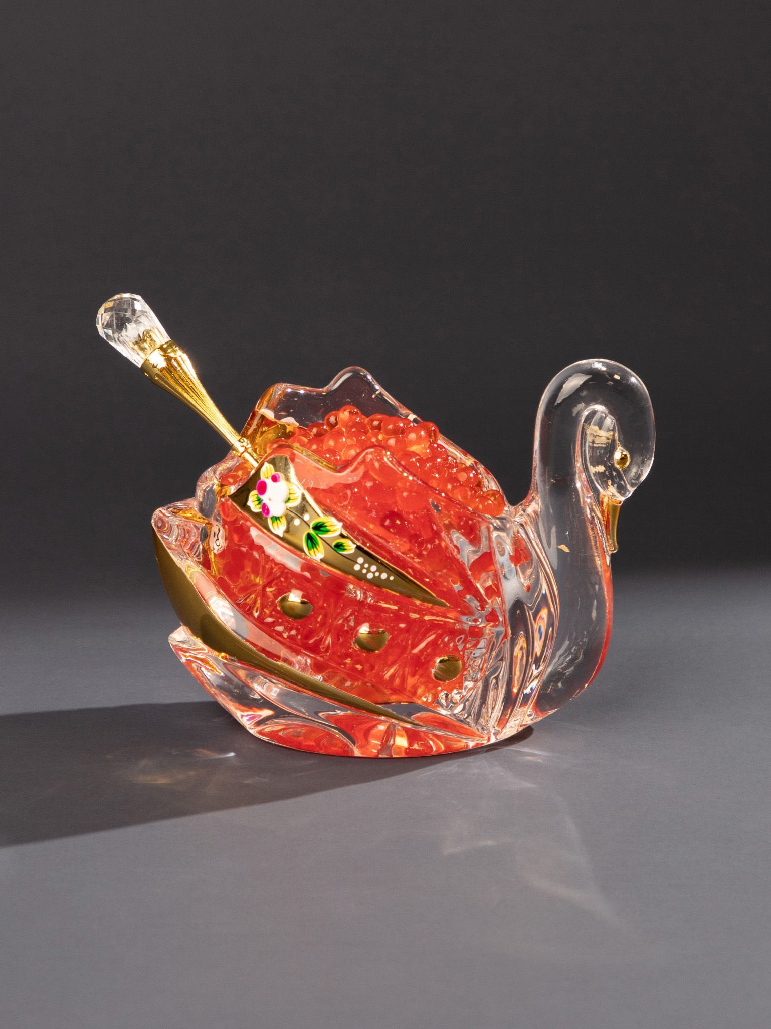 Икорница Lefard "Лебедь" с ложкой стеклянная Gold Glass 11х7х8,5 см