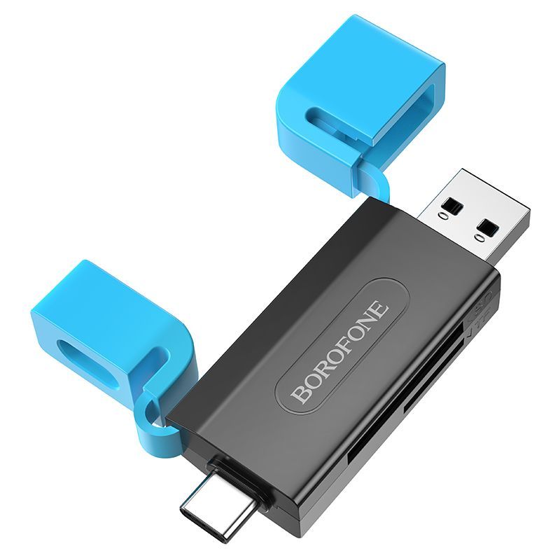 Картридер Borofone DH9 2в1 (Micro SD/SD) USB/Type-C 3.0 черный/голубой для смартфонов и ноутбуков