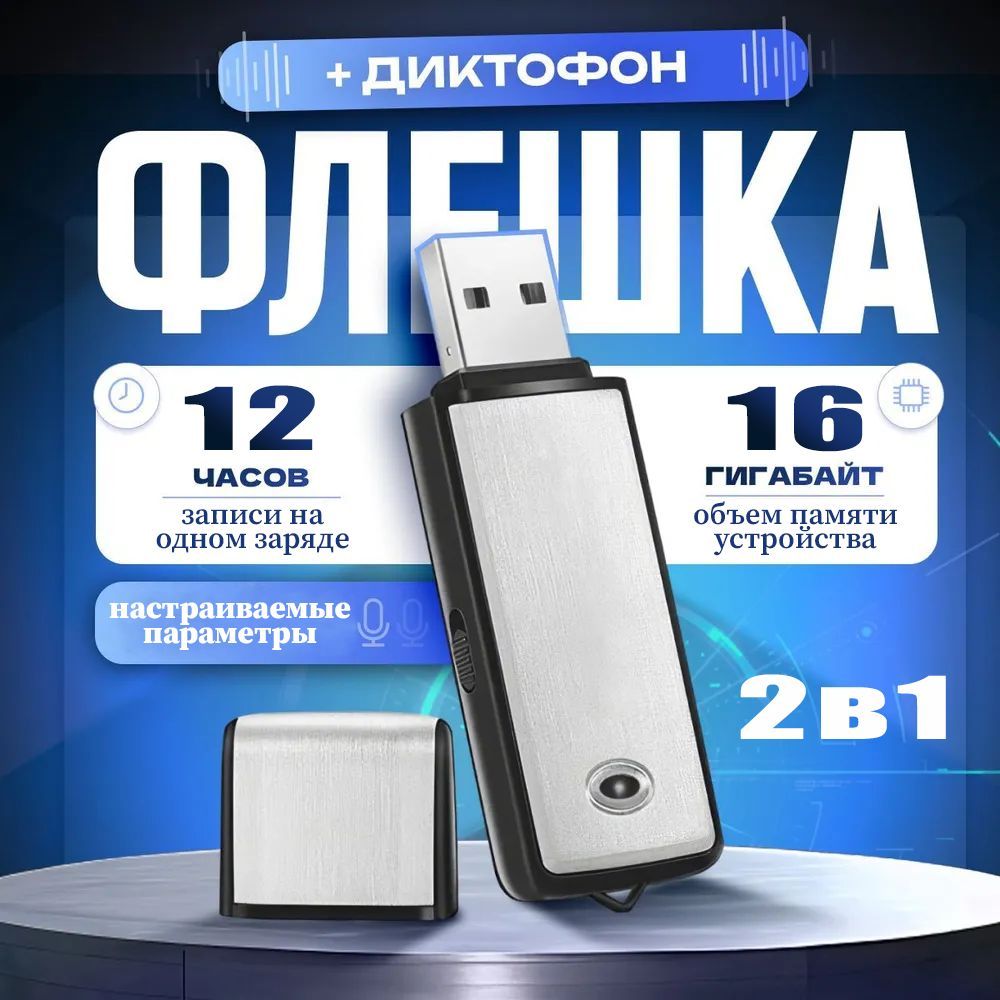 Цифровой аудио мини диктофон для записи голоса и разговоров + USB флешка 16 ГБ