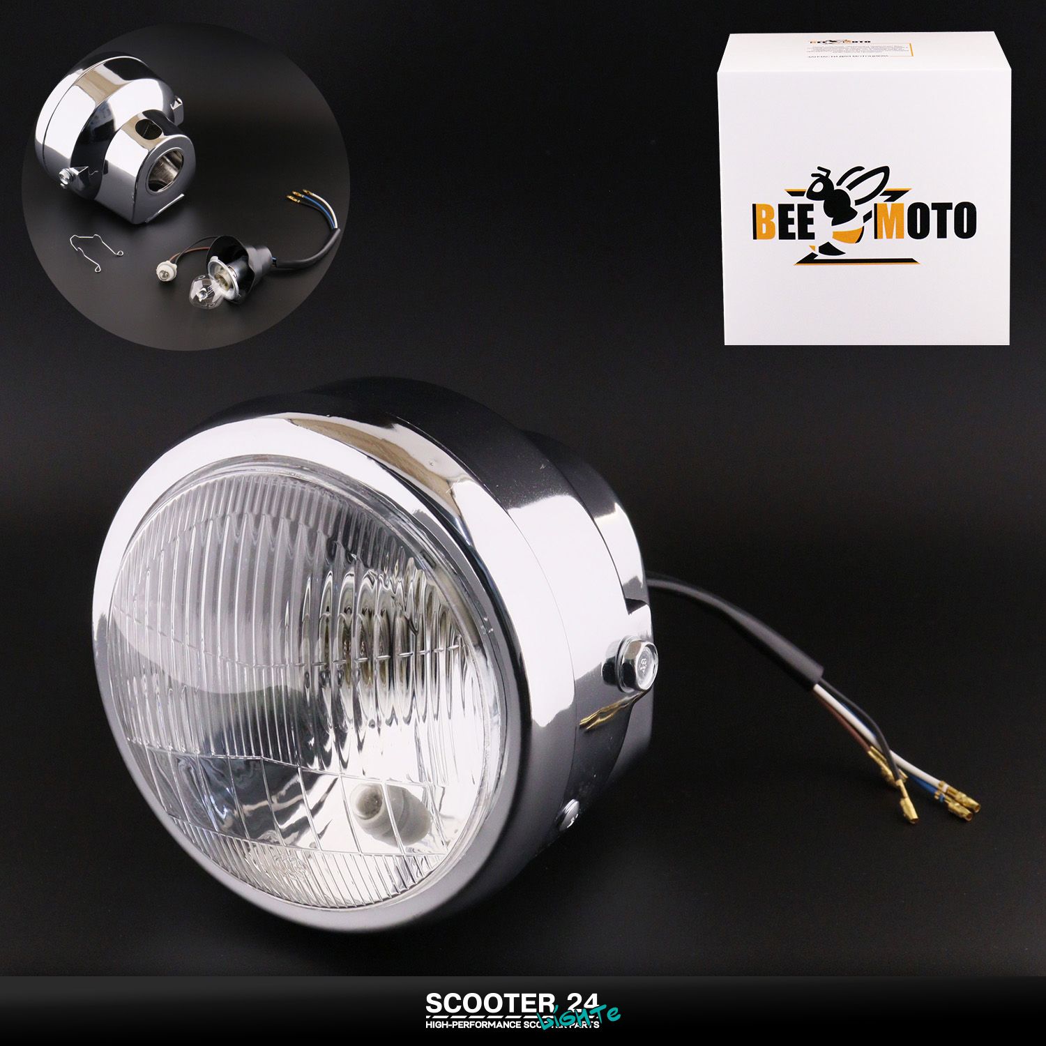 Фара передняя в сборе на мопед и мотоцикл Alpha / Альфа Дельта круглая / хром