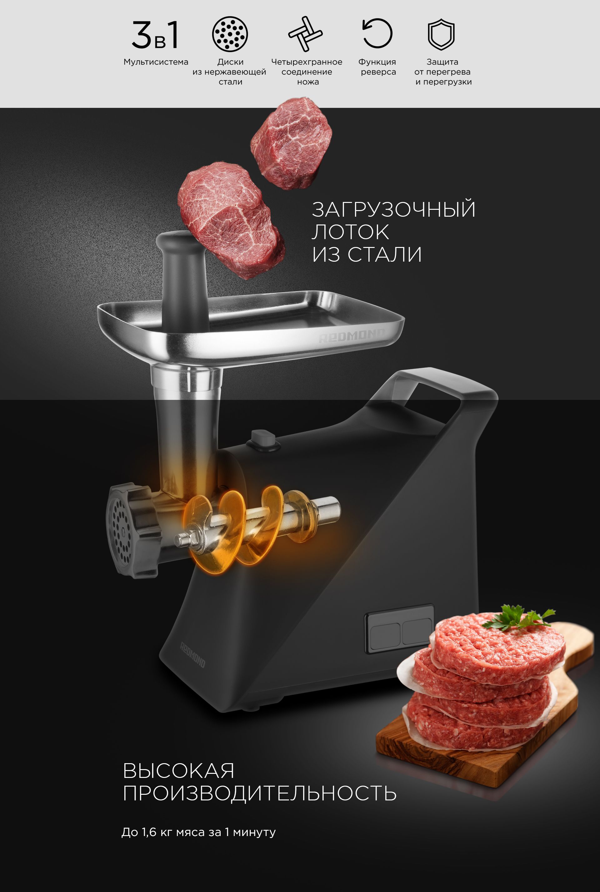 Мясорубка электрическая с насадками для колбасок и кеббе РЕДМОНД RMG-1(图2)