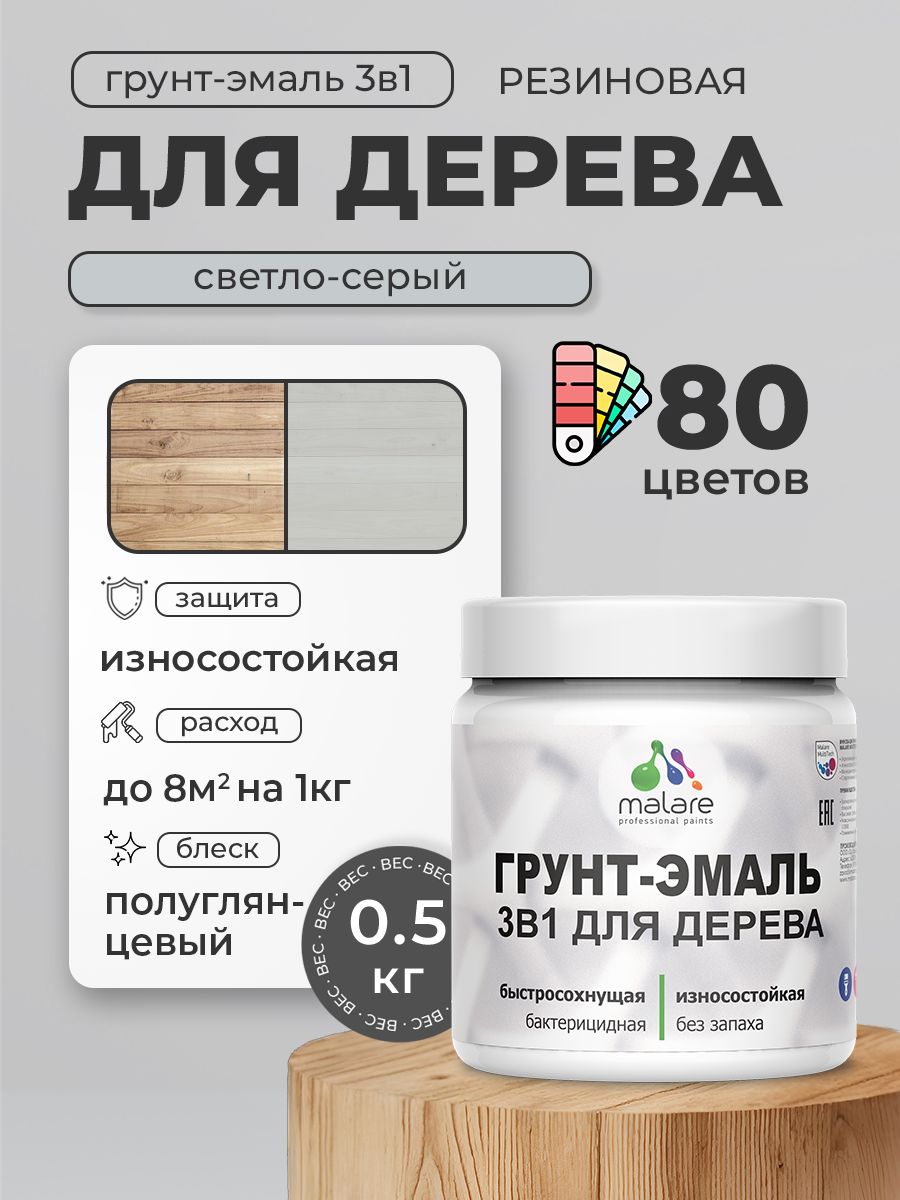 Латексная Грунт-Эмаль 3 в 1 Malare для деревянных поверхностей с антисептическим эффектом, быстросохнущая моющаяся без запаха полуглянцевая, светло-серый, 0.5 кг
