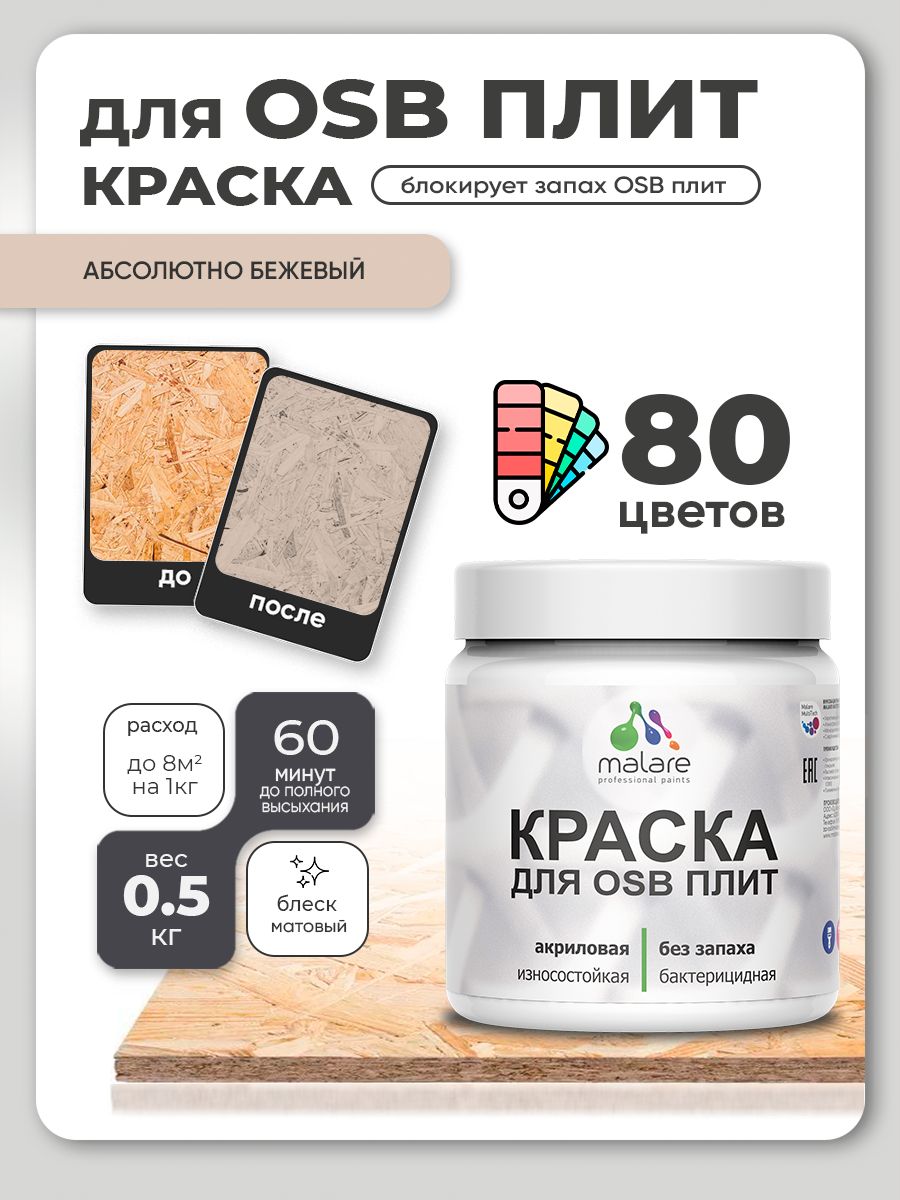 Акриловая краска для ОСБ плит Malare для дерева для наружных и внутренних работ, быстросохнущая без запаха матовая, абсолютный бежевый, 0.5 кг