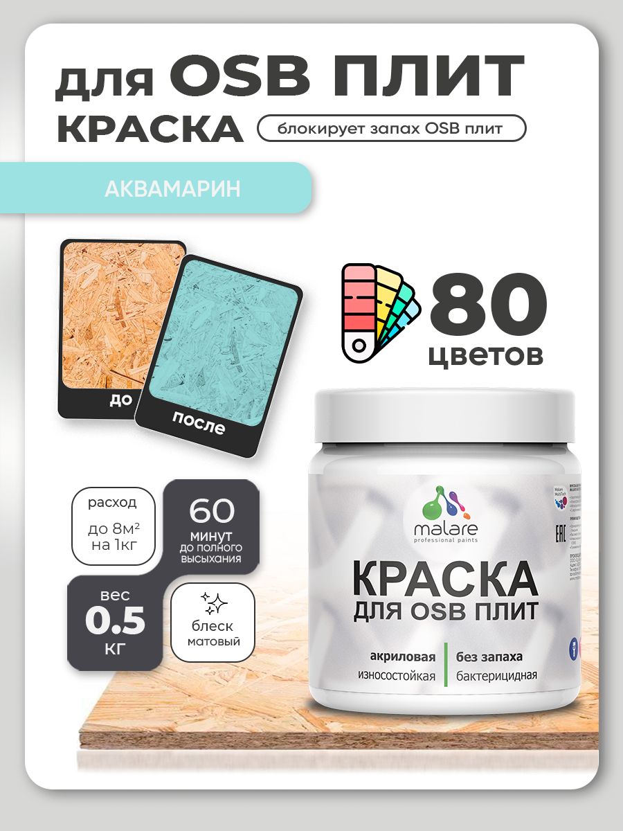 Акриловая краска для ОСБ плит Malare для дерева для наружных и внутренних работ, быстросохнущая без запаха матовая, аквамарин, 0.5 кг
