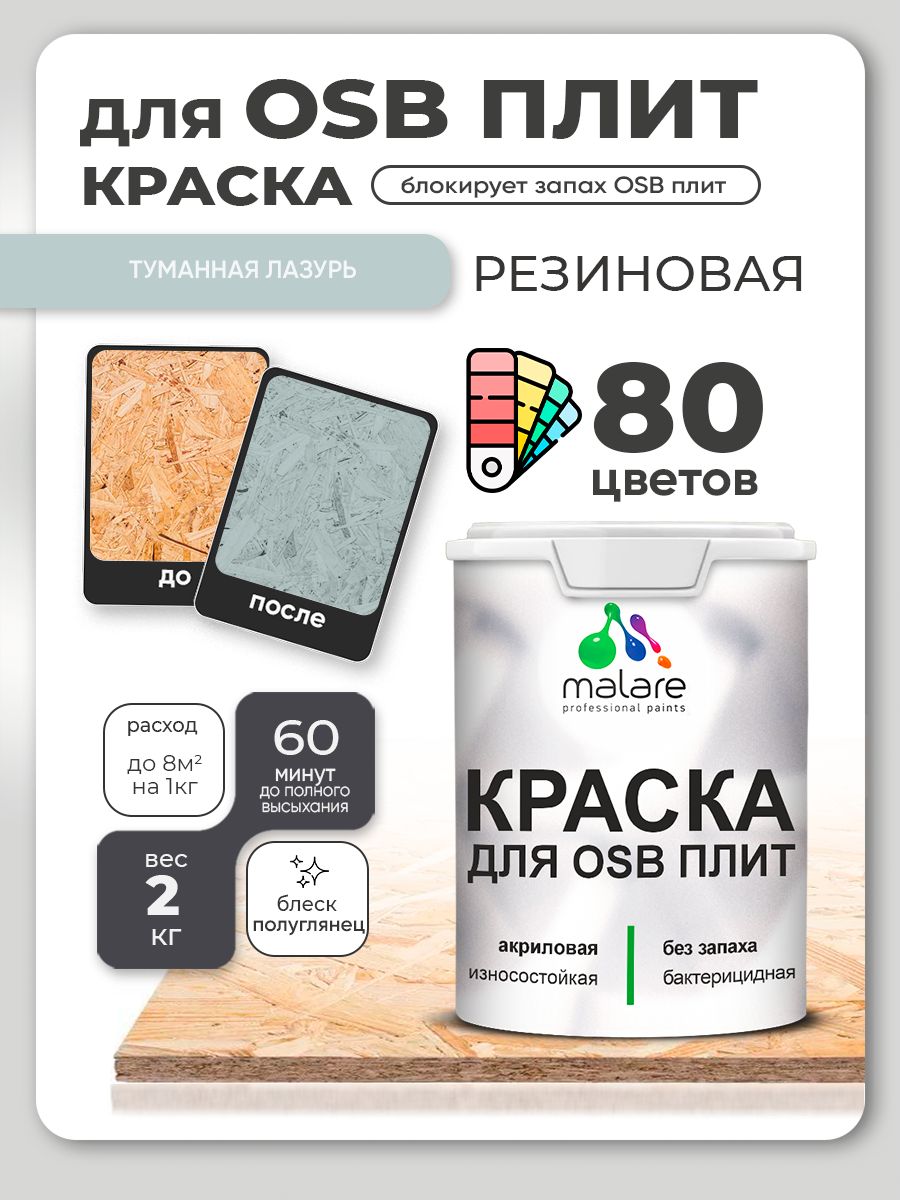 Резиновая краска для ОСБ плит Malare акриловая краска для дерева для наружных и внутренних работ, быстросохнущая без запаха полуглянцевая, туманная лазурь, 2 кг