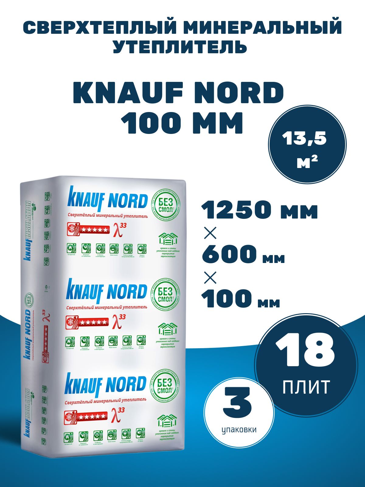 УтеплительKNAUFNORD1250x600x100,13.5м2/18плит/3упаковки