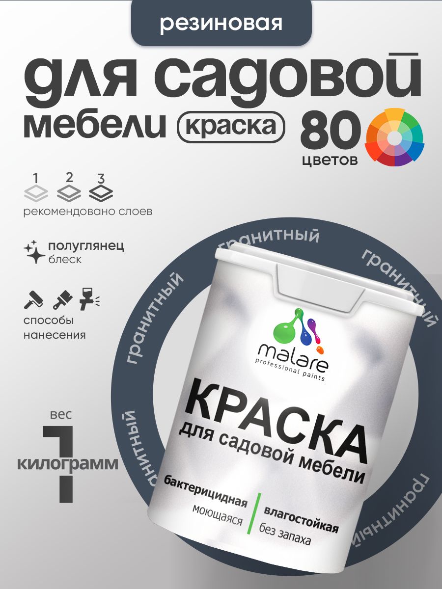 Резиновая краска Malare для садовой мебели/ по дереву, для наружных и внутренних работ/ быстросохнущая моющаяся без запаха полуглянцевая, гранитный, 1 кг