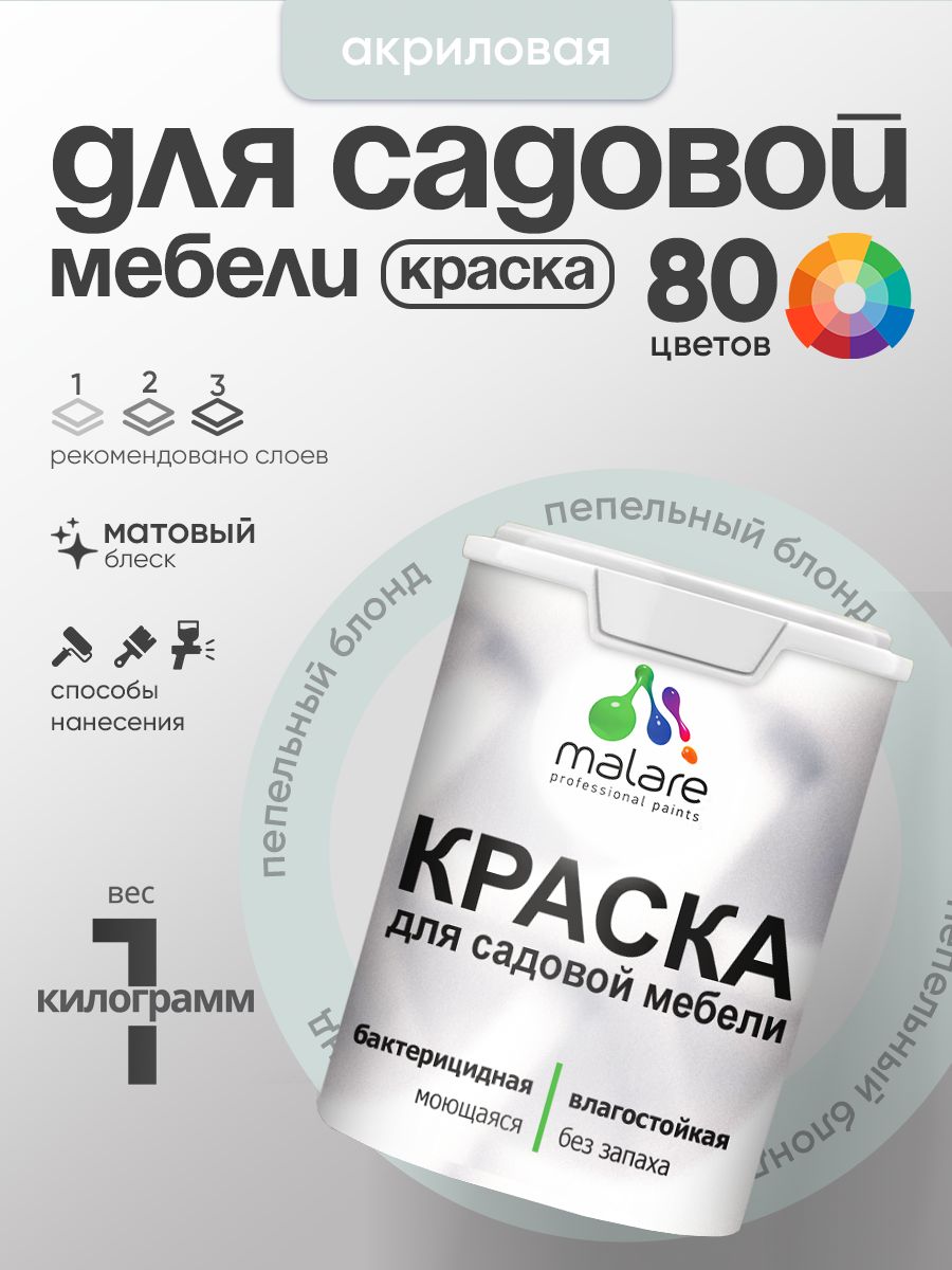 Акриловая краска Malare для садовой мебели/ по дереву, для наружных и внутренних работ/ быстросохнущая моющаяся без запаха матовая, пепельный блонд, 1 кг