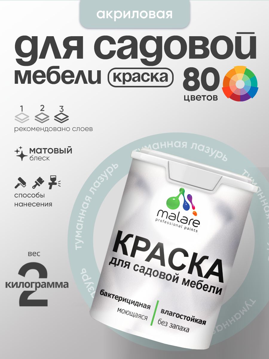 Акриловая краска Malare для садовой мебели/ по дереву, для наружных и внутренних работ/ быстросохнущая моющаяся без запаха матовая, туманная лазурь, 2 кг