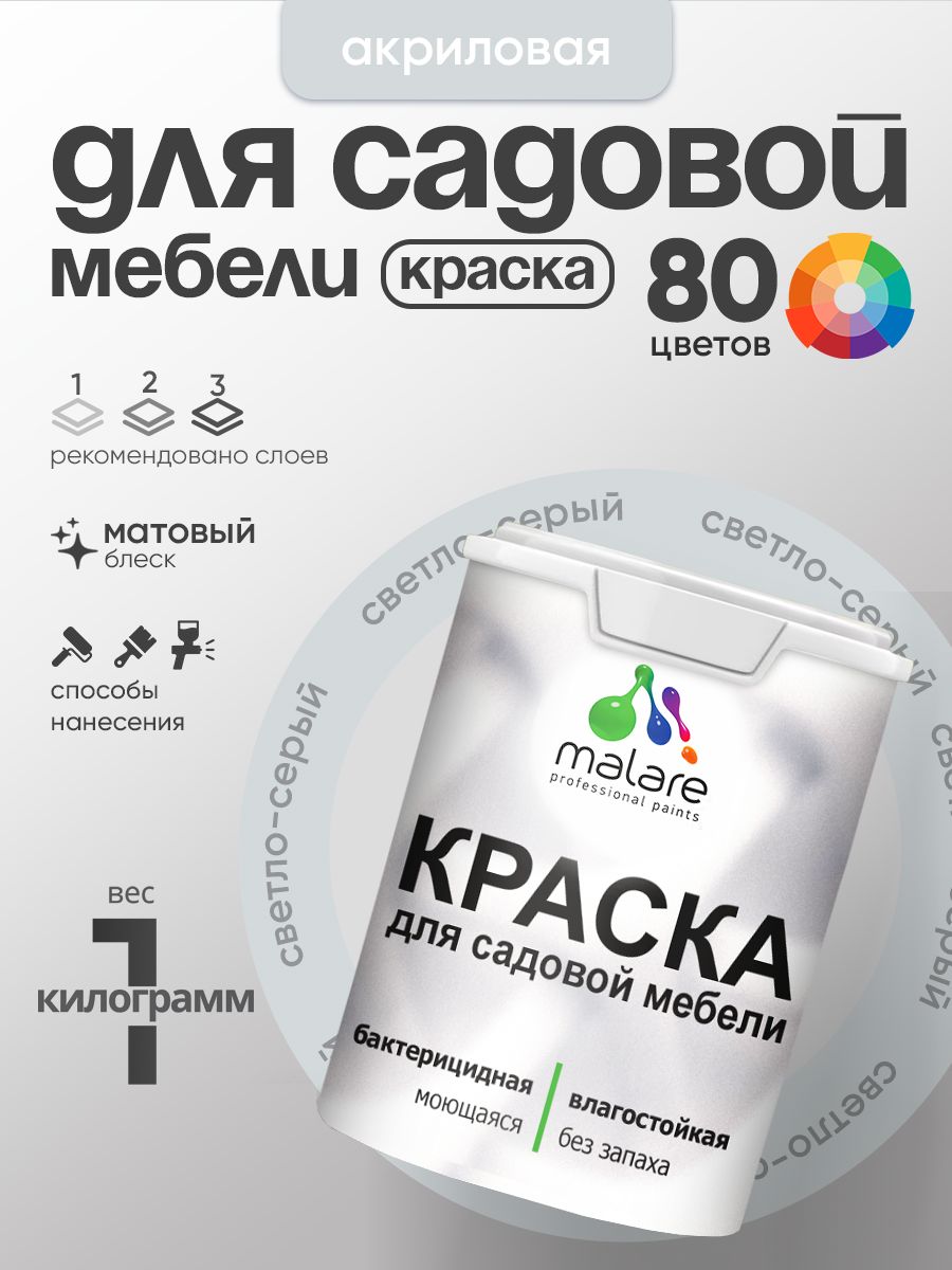 Акриловая краска Malare для садовой мебели/ по дереву, для наружных и внутренних работ/ быстросохнущая моющаяся без запаха матовая, светло-серый, 1 кг