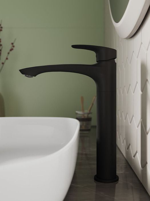 Фото товара на маркетплейсе ozon Высокий смеситель для накладной раковины, Milardo, латунь, черный матовый, Rora, RORBL01M01