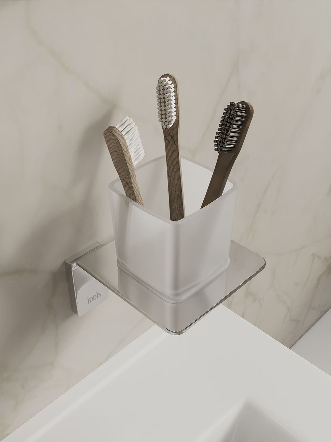 Фото товара на маркетплейсе ozon Стакан для зубных щеток IDDIS, настенный, матовое стекло, сплав металлов, хром, Slide, SLISCG1i45