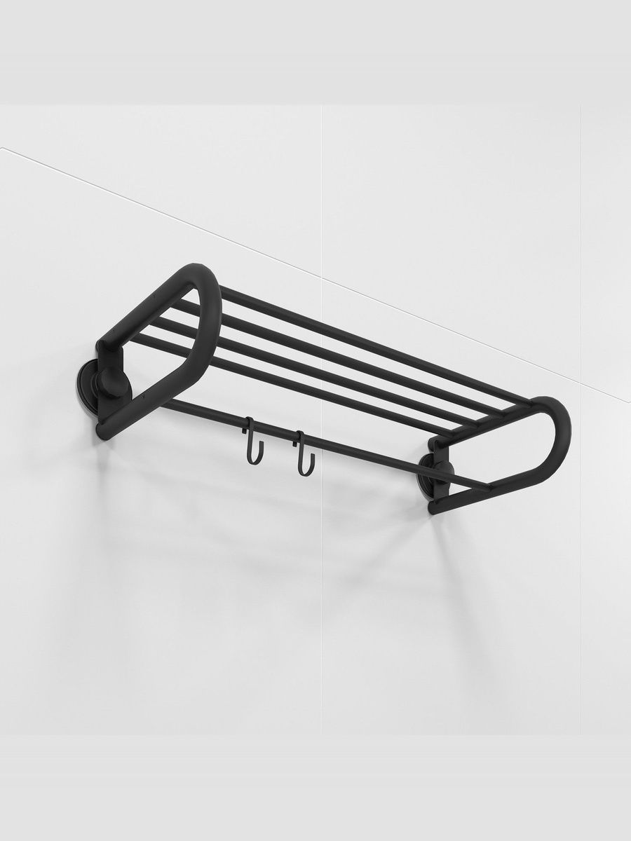 Фото товара на маркетплейсе ozon Держатель для полотенец, самоклеющийся, с полкой, стальной, черный, Milardo, Easy, EASBWS2M49