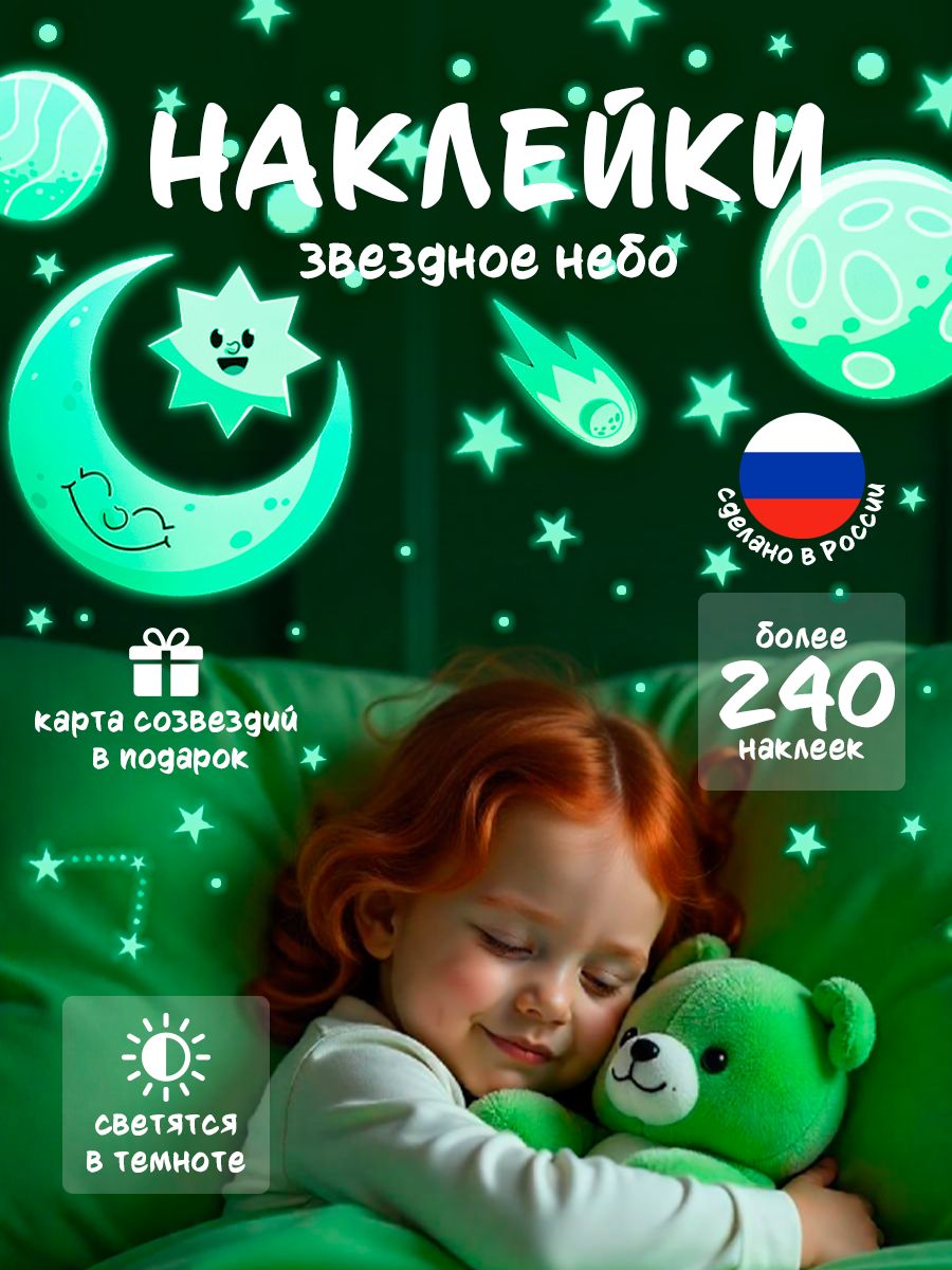 Наклейки интерьерные светящиеся на стену и потолок Луна, комета, планеты