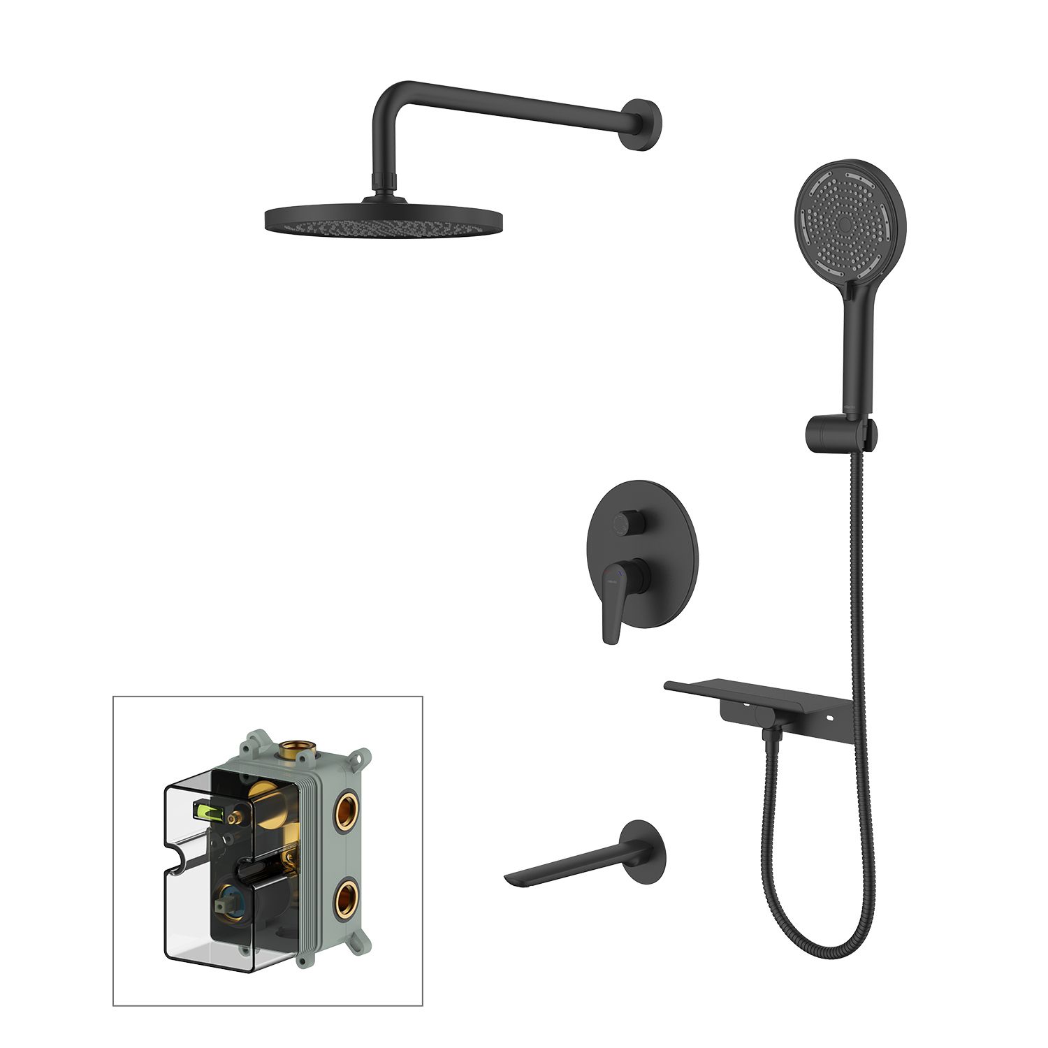 Фото товара на маркетплейсе ozon Душевая система скрытого монтажа с тропическим и ручным душем, изливом, черный матовый, Milardo, Dale, DALBL03M68