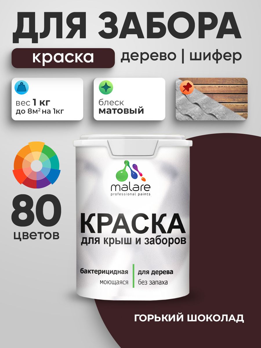 Резиновая краска Malare для деревянного забора/ по дереву для наружных и внутренних работ/ быстросохнущая моющаяся без запаха полуглянцевая, горький шоколад, 1 кг.