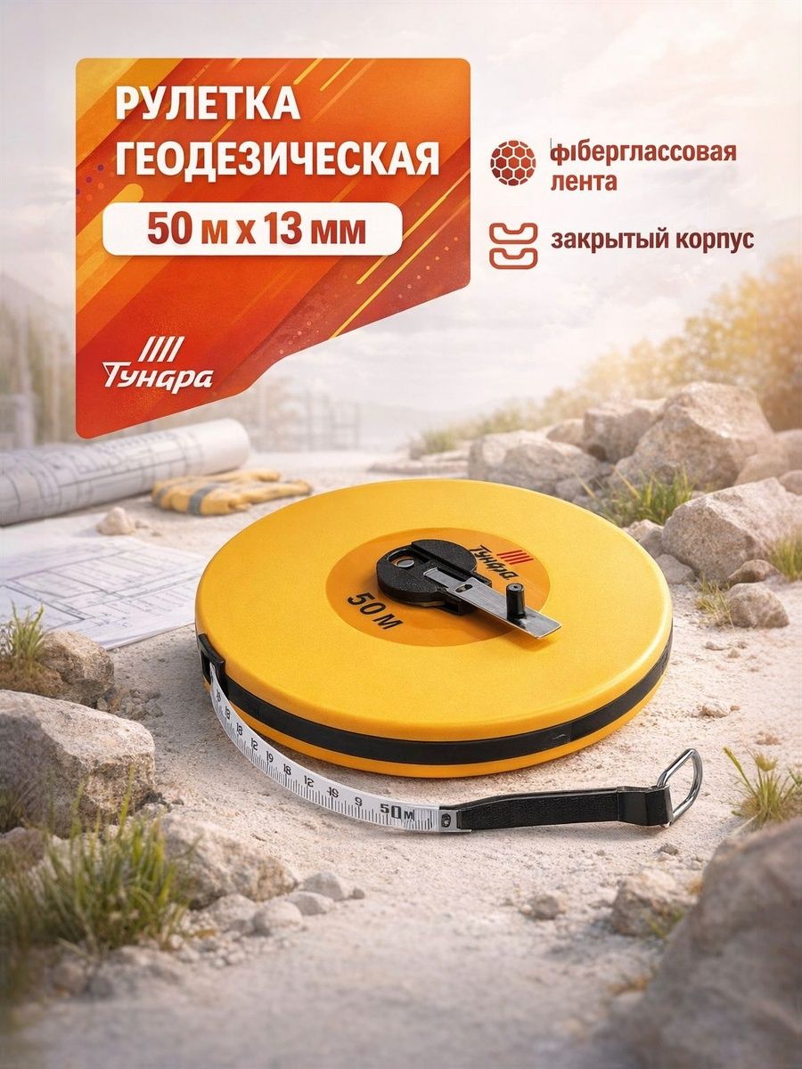 Геодезическая рулетка 50 м / металл 13 мм / с ручкой и кольцом