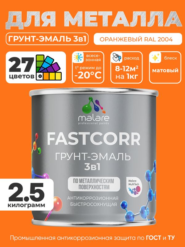 Грунт-эмаль по ржавчине 3 в 1 Malare FastCorr краска для металла, антикоррозионная износостойкая быстросохнущая RAL 2004, оранжевый, матовая, 2,5 кг.