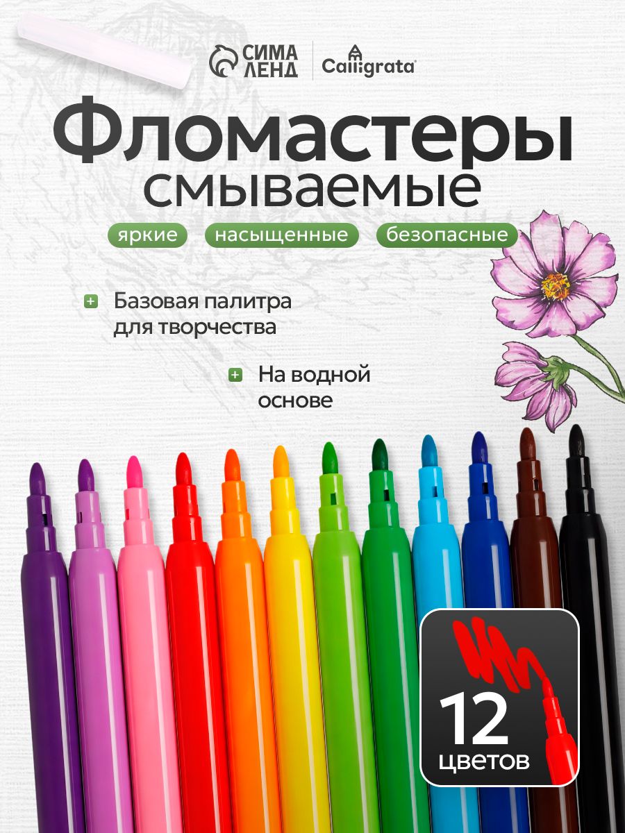 Фломастеры для рисования смываемые 12 цветов