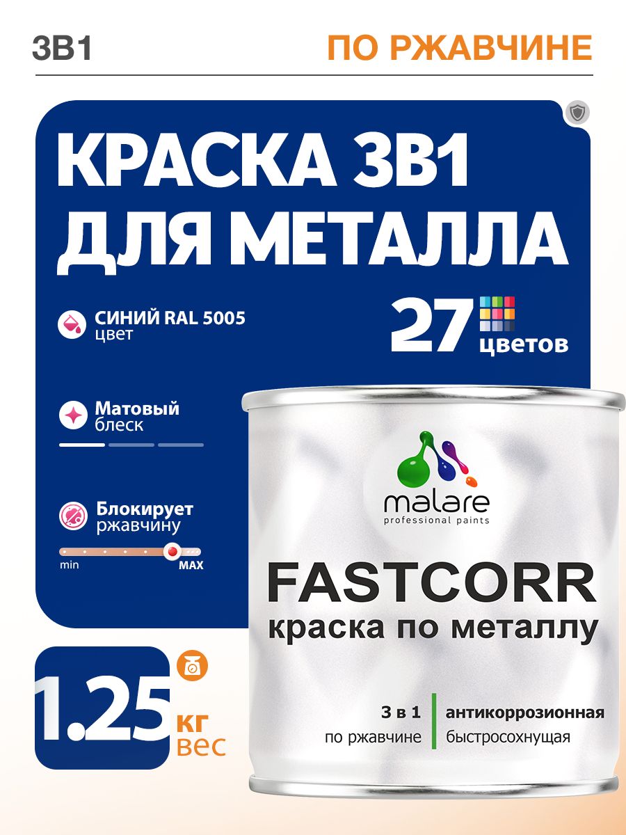 Краска для металла по ржавчине Malare FastCorr, для наружных работ износостойкая, быстросохнущая RAL 5005 синий, матовая, 1,25 кг