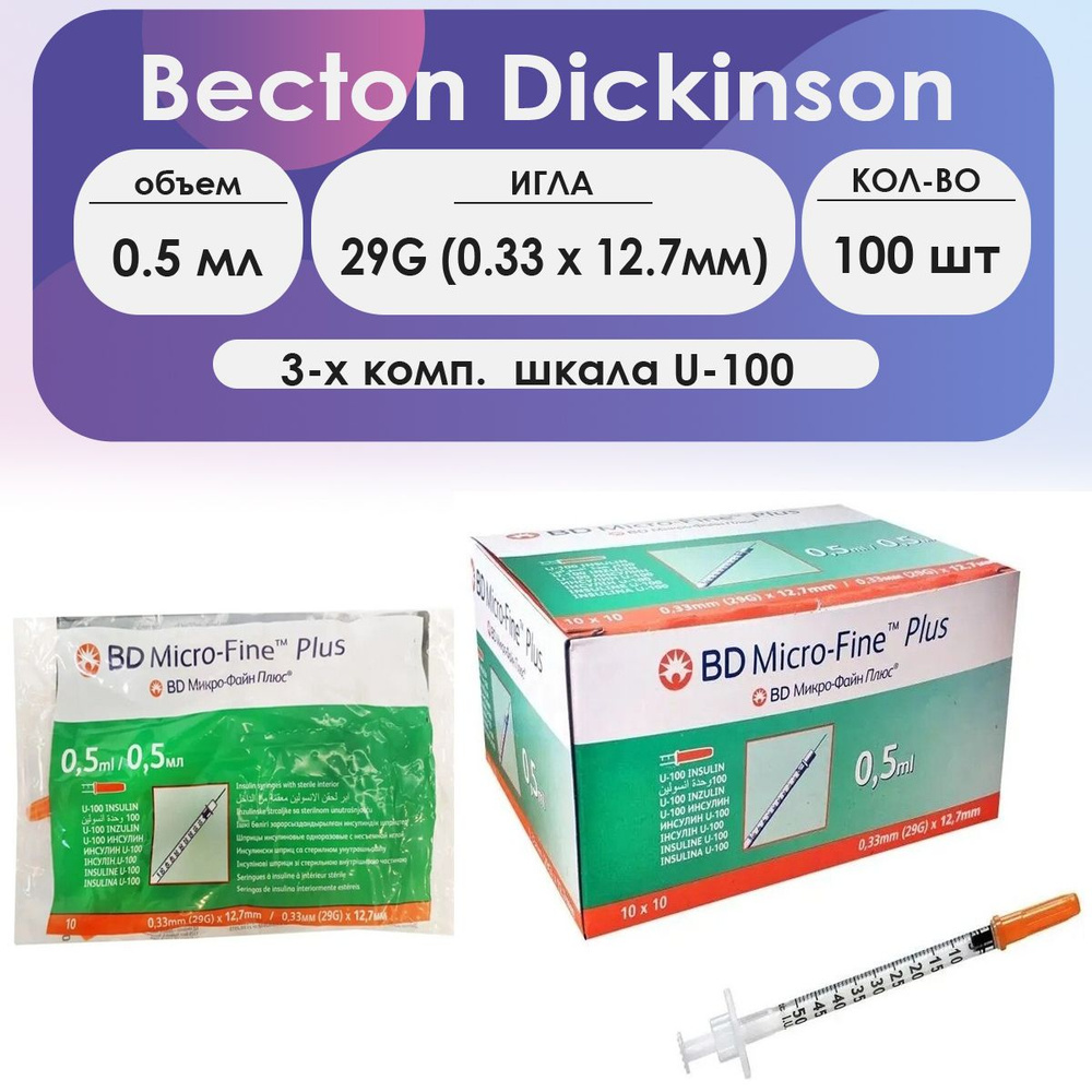 Шприц BD Micro-Fine Plus (3-комп.) 0,5мл U100 игла 29G (0,33x12,7 ...