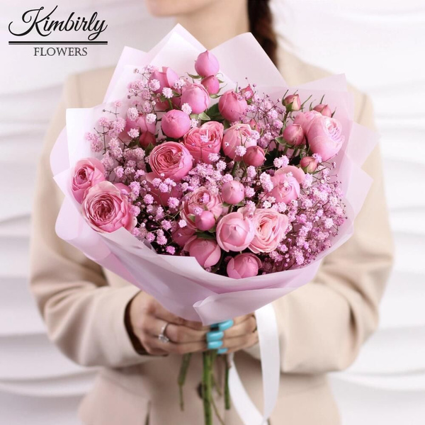Гипсофила, Пионовидная роза, Роза, Кустовая роза Kimbirly Flowers, цвет ...